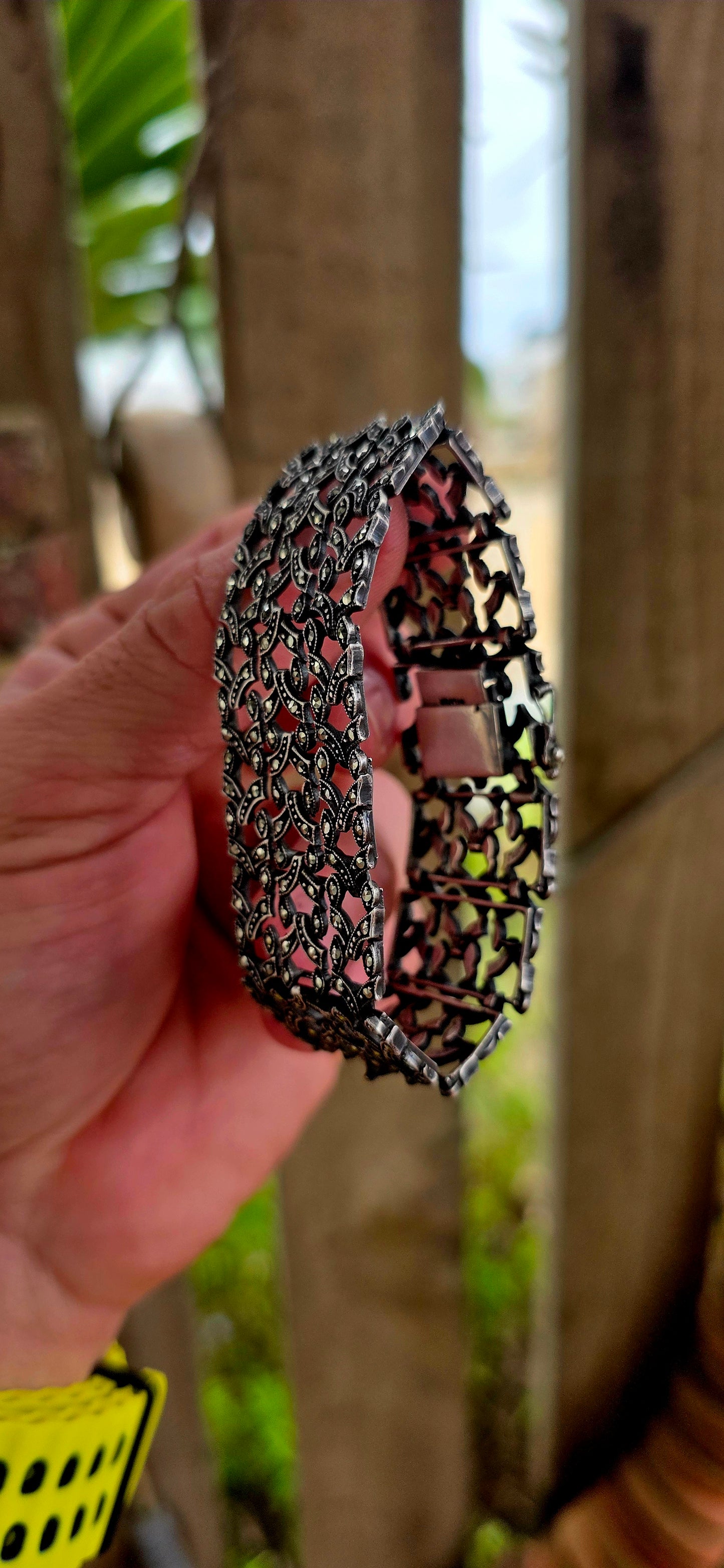 A marvellous and exceptionally beautiful antique bracelet dating to the glamorous Art Deco era, circa 1920’s, crafted in solid sterling silver and richly decorated with shimmering prong-set marcasites.