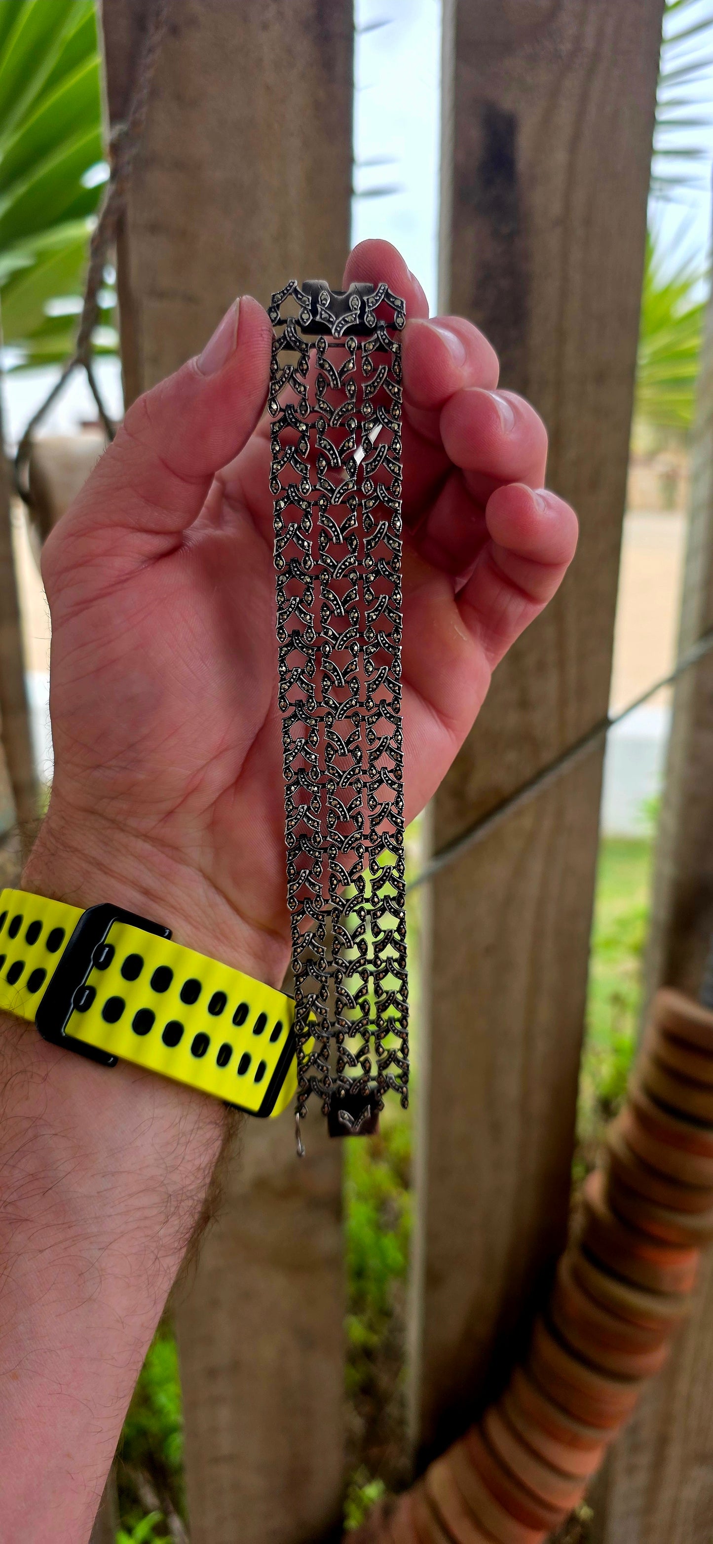 A marvellous and exceptionally beautiful antique bracelet dating to the glamorous Art Deco era, circa 1920’s, crafted in solid sterling silver and richly decorated with shimmering prong-set marcasites.