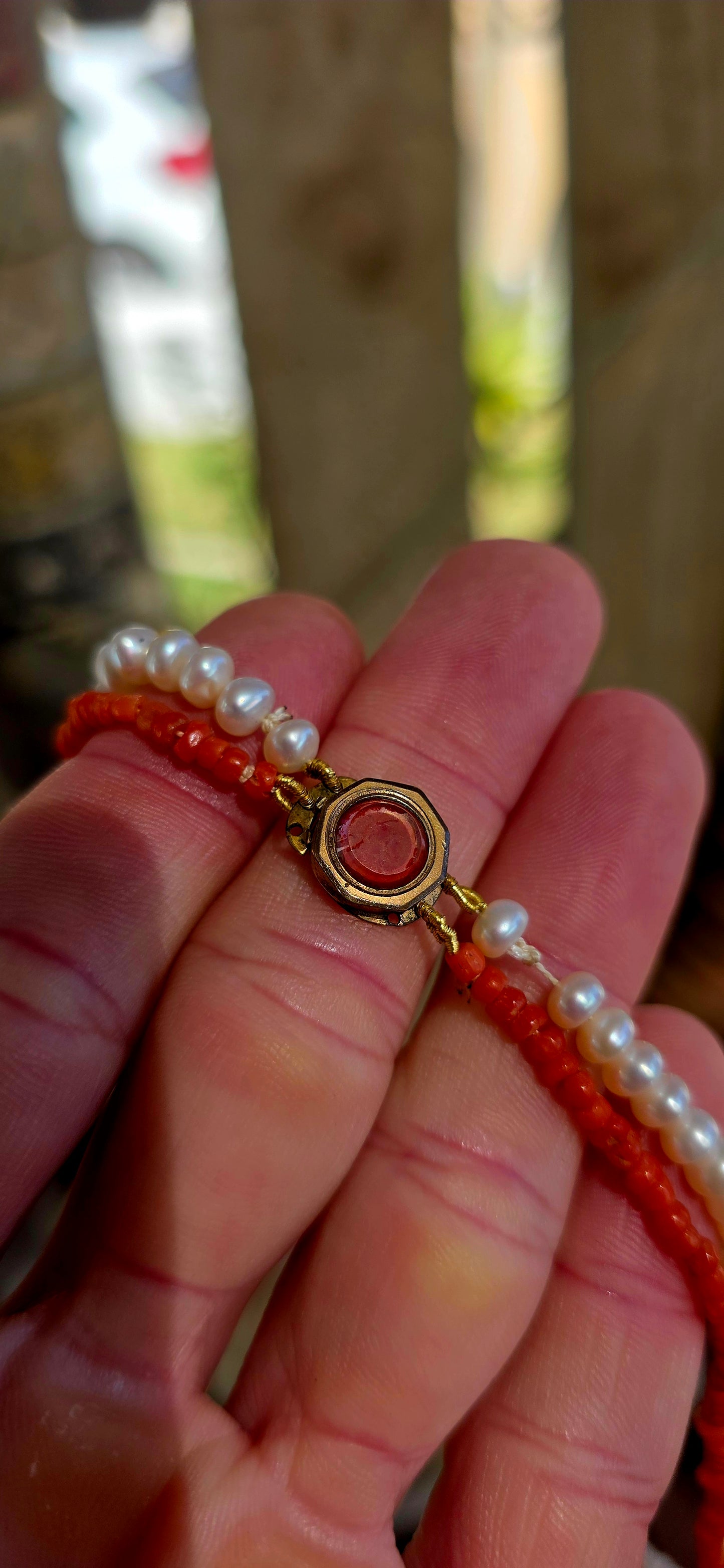Rare Find - Georgian Stuart Crystal clasp necklace with Coral and Pearls.