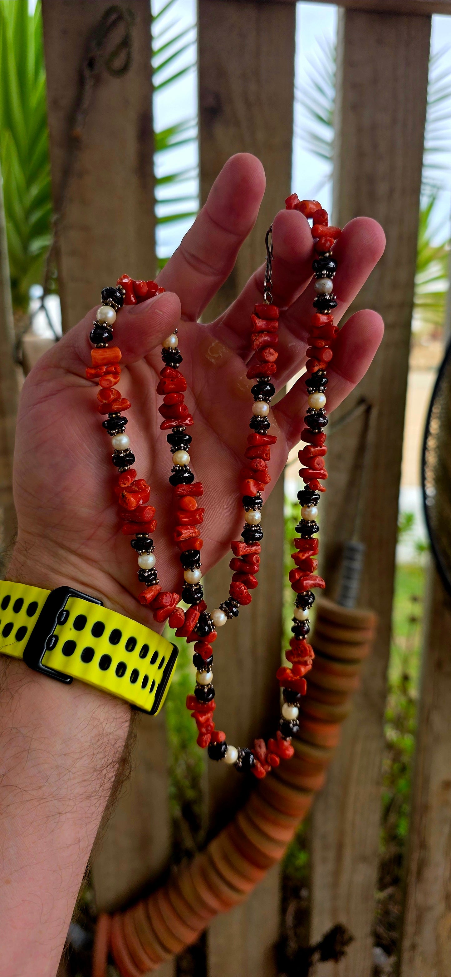 A marvelous vintage extra-length necklace, beautifully composed in a tribal / ethnic style, blending raw natural elements with refined detailing.