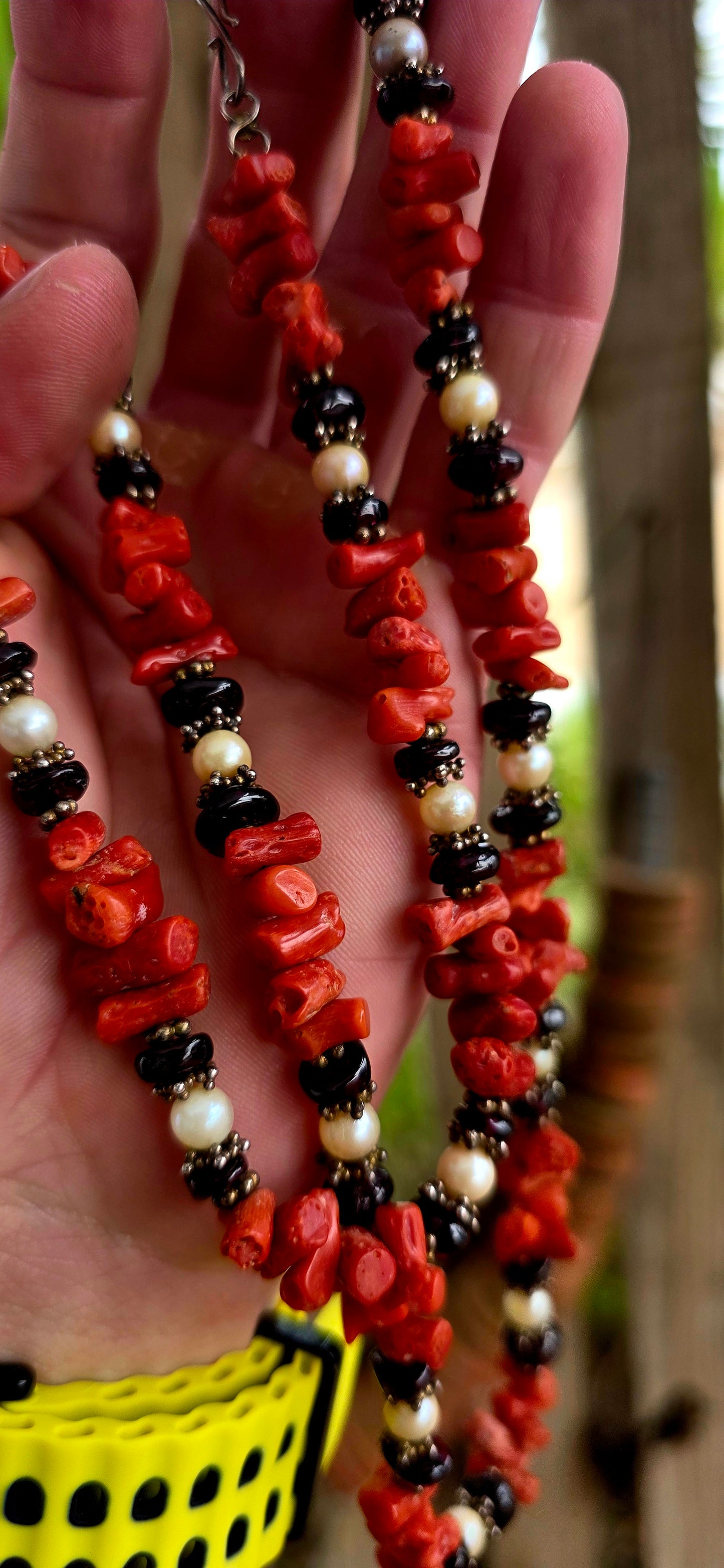 A marvelous vintage extra-length necklace, beautifully composed in a tribal / ethnic style, blending raw natural elements with refined detailing.