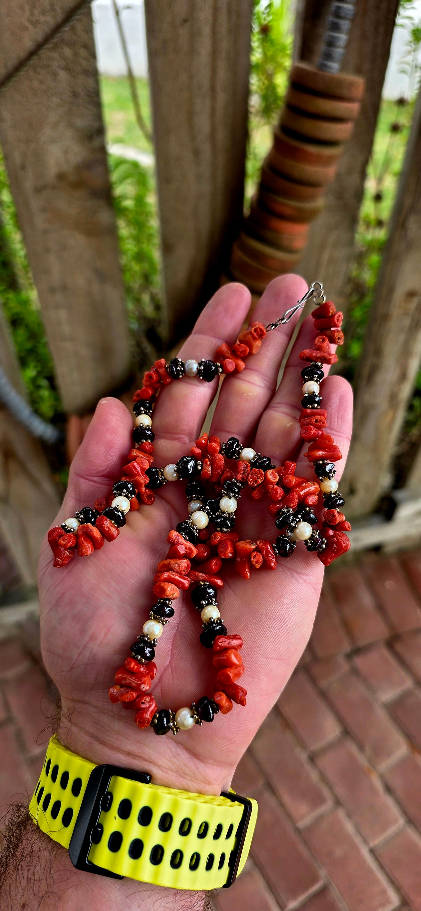 A marvelous vintage extra-length necklace, beautifully composed in a tribal / ethnic style, blending raw natural elements with refined detailing.