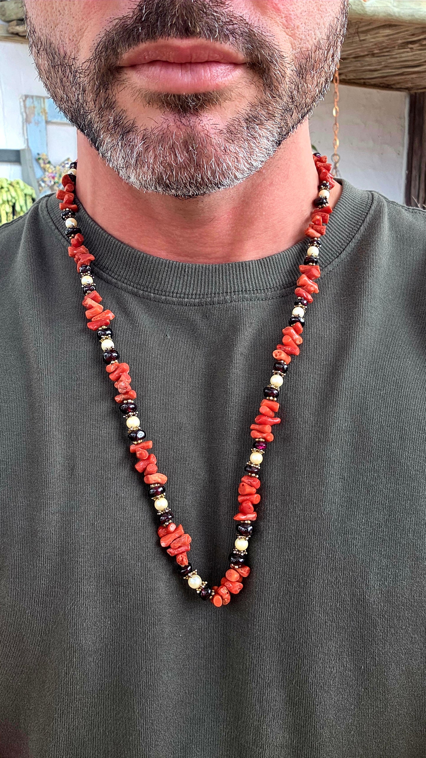 A marvelous vintage extra-length necklace, beautifully composed in a tribal / ethnic style, blending raw natural elements with refined detailing.