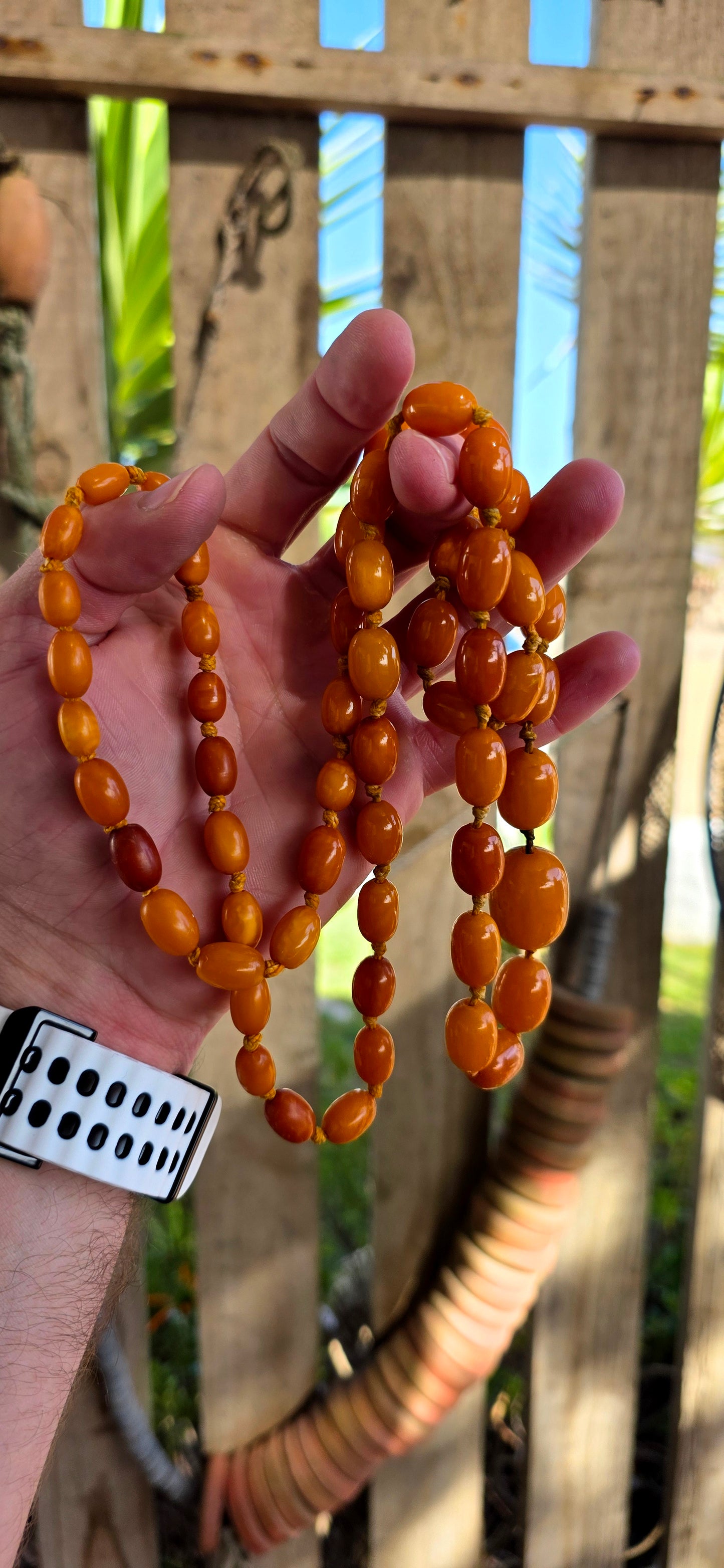 An extra-length antique Baltic amber necklace, showcasing a luxurious strand of butterscotch amber beads in beautifully graduated oval forms.