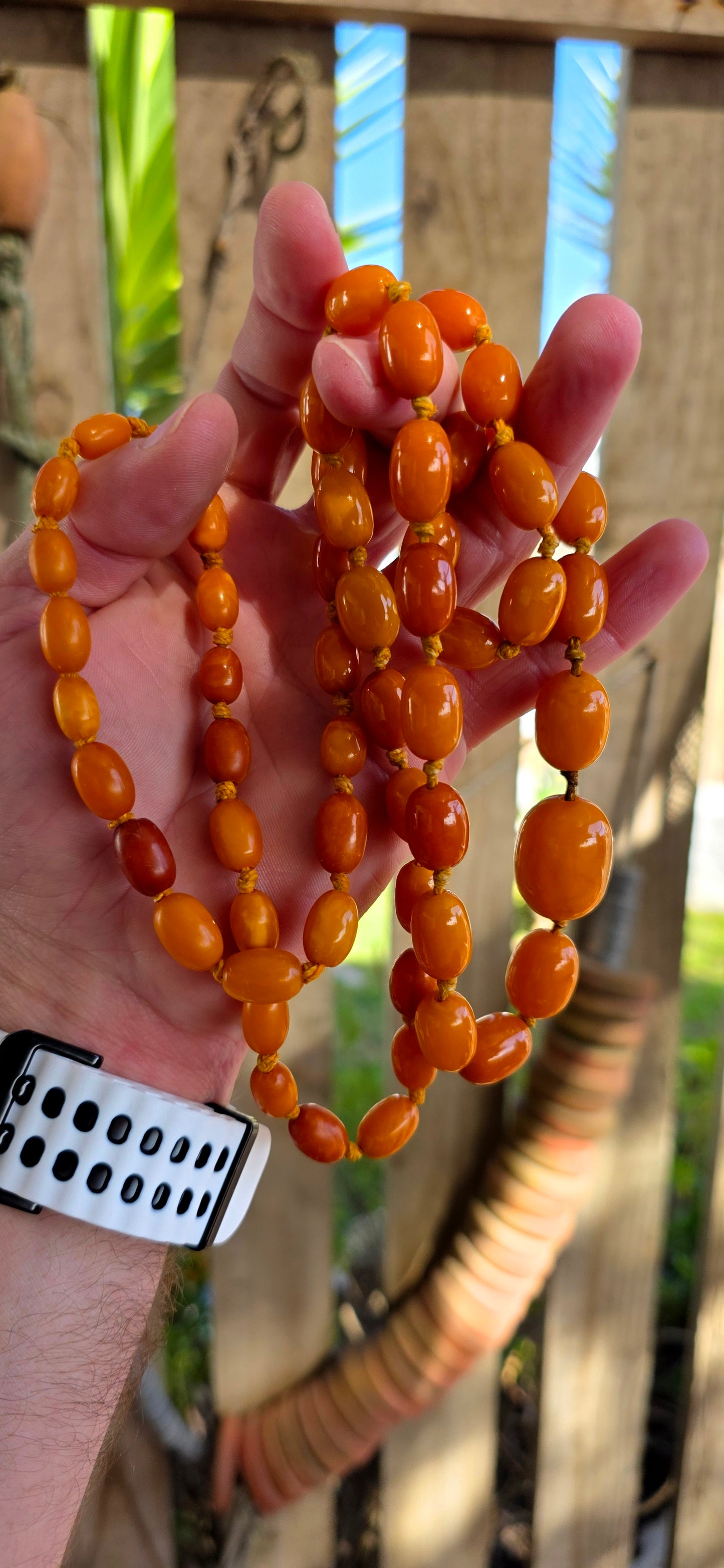 An extra-length antique Baltic amber necklace, showcasing a luxurious strand of butterscotch amber beads in beautifully graduated oval forms.