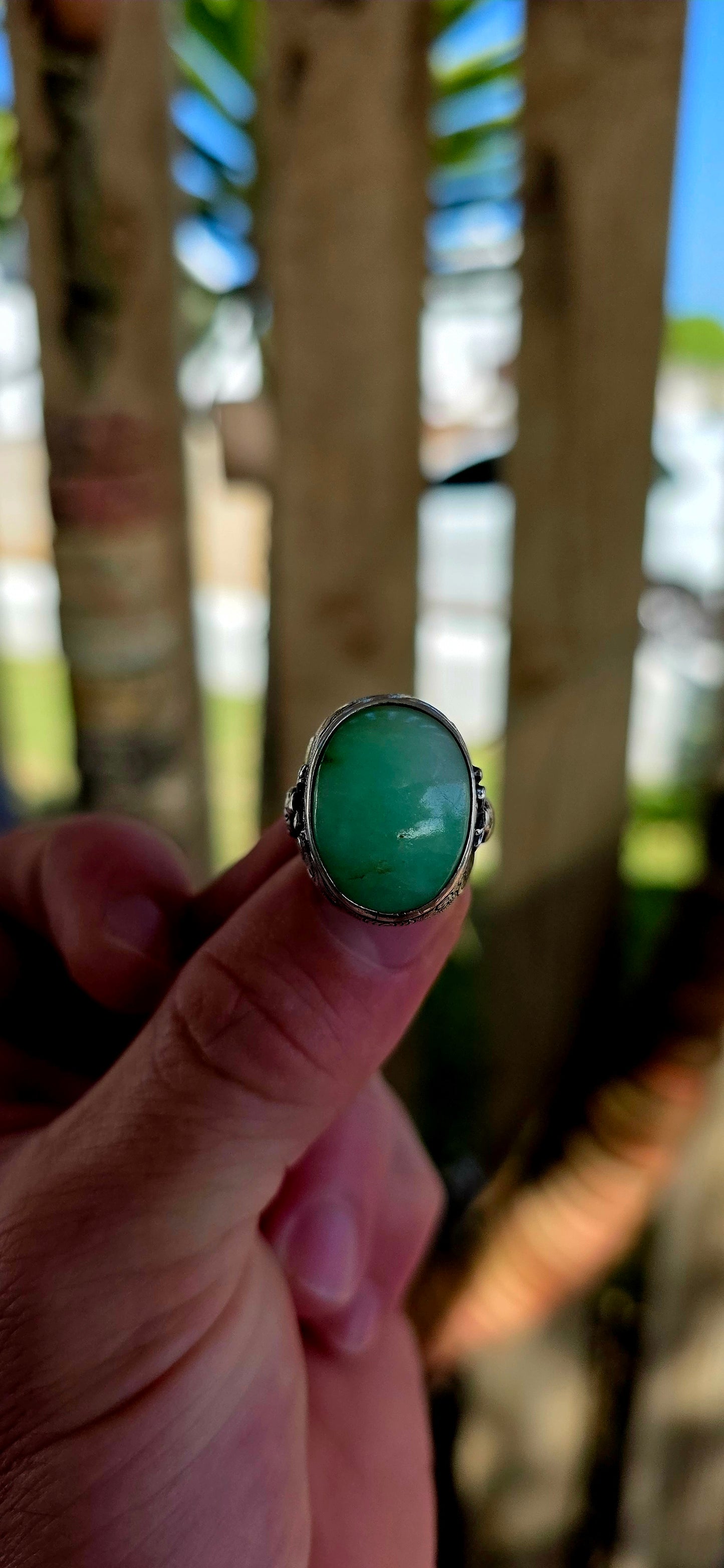 A rare antique Chinese export sterling silver statement ring, crowned with a beautifully smooth apple-green jade cabochon.
