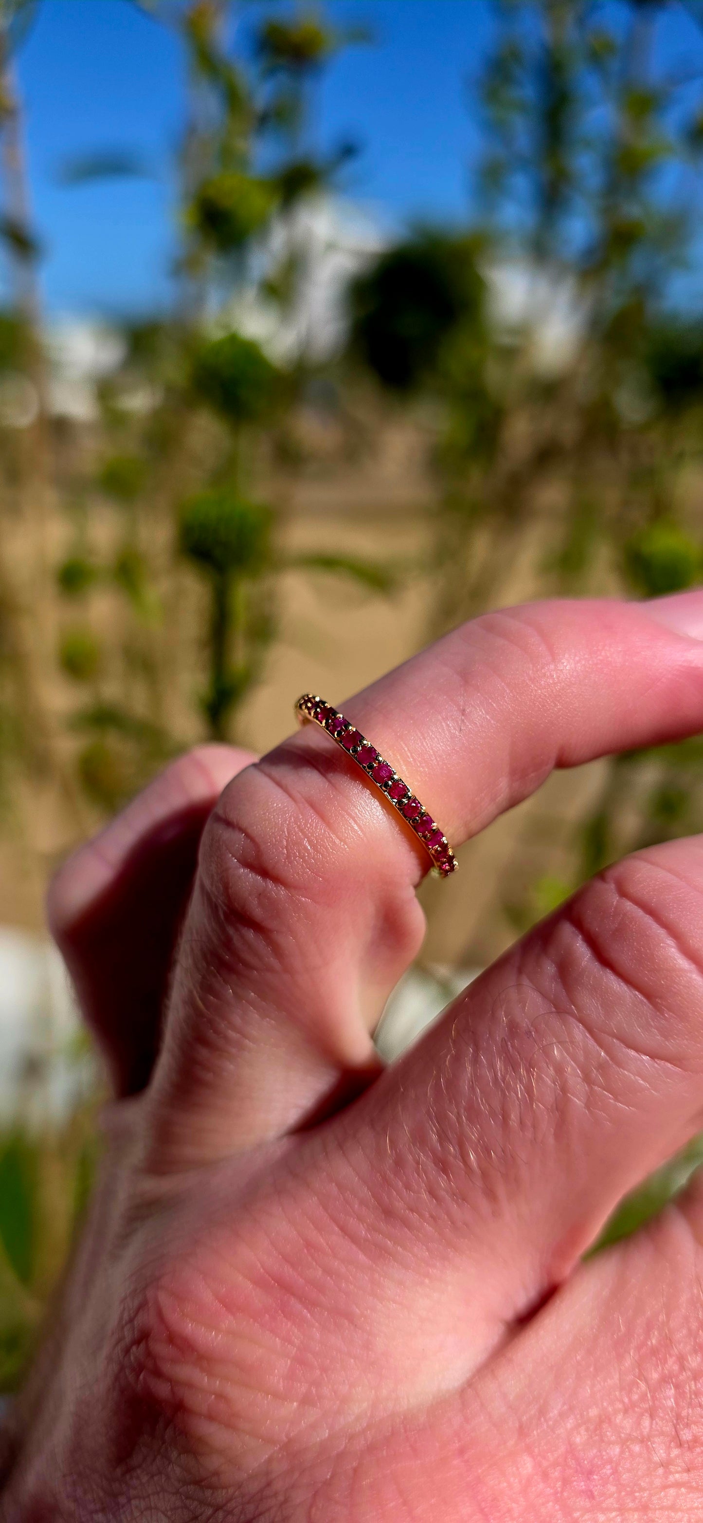 A fine and dainty full eternity stacking band, crafted in solid sterling silver and finished with a rich layer of 18ct yellow gold plating for that warm, timeless glow.