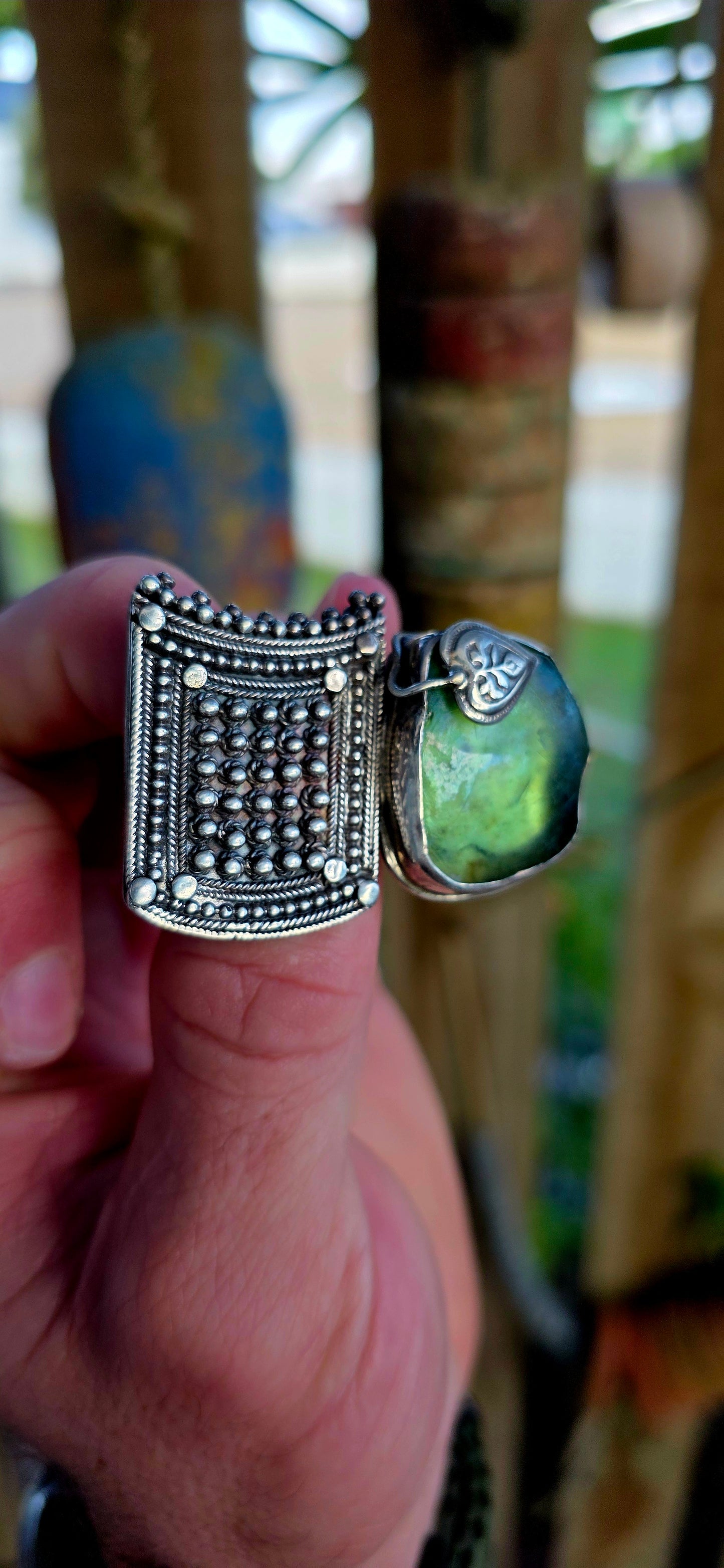 A striking and chunky statement brooch handcrafted in solid silver, showcasing intricate filigree and granulation work — ancient techniques deeply rooted in the jewellery traditions of the Middle East and North Africa.