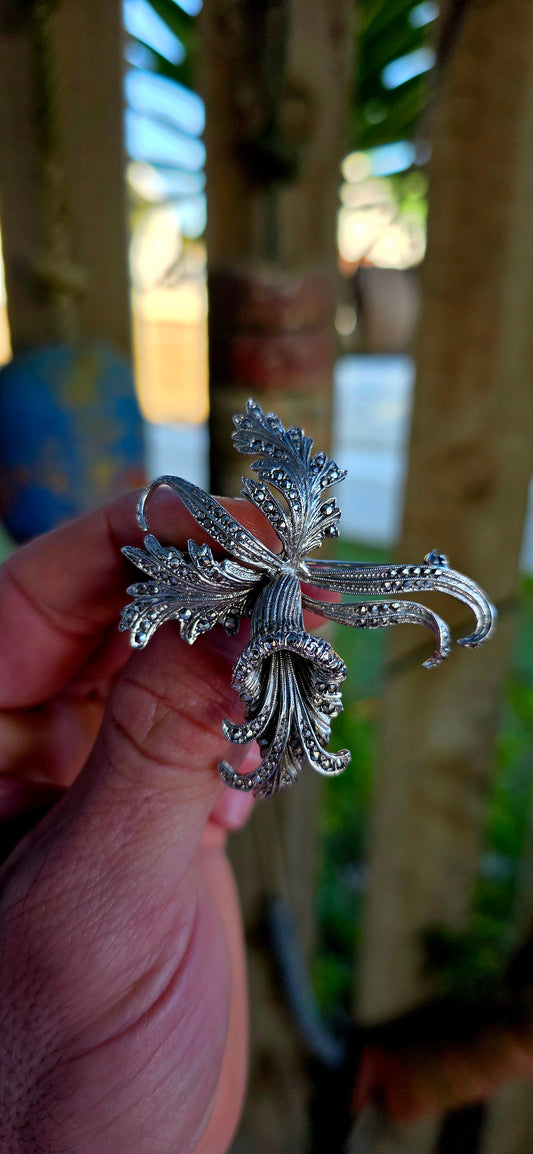 Marvelous vintage mid-century circa 1950’s sterling silver and marcasite orchid brooch in a wonderfully dramatic three-dimensional design.