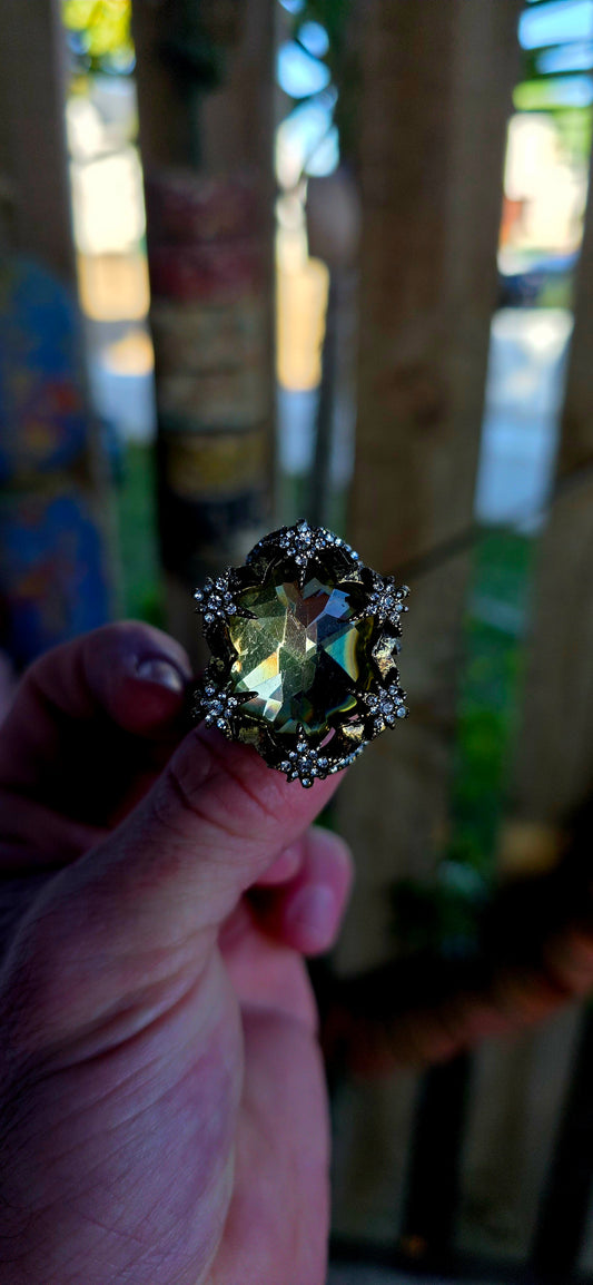 Marvelous oversized Victorian Revival costume dress ring crafted in richly antiqued brass, overflowing with old-world gothic glamour and theatrical sparkle.