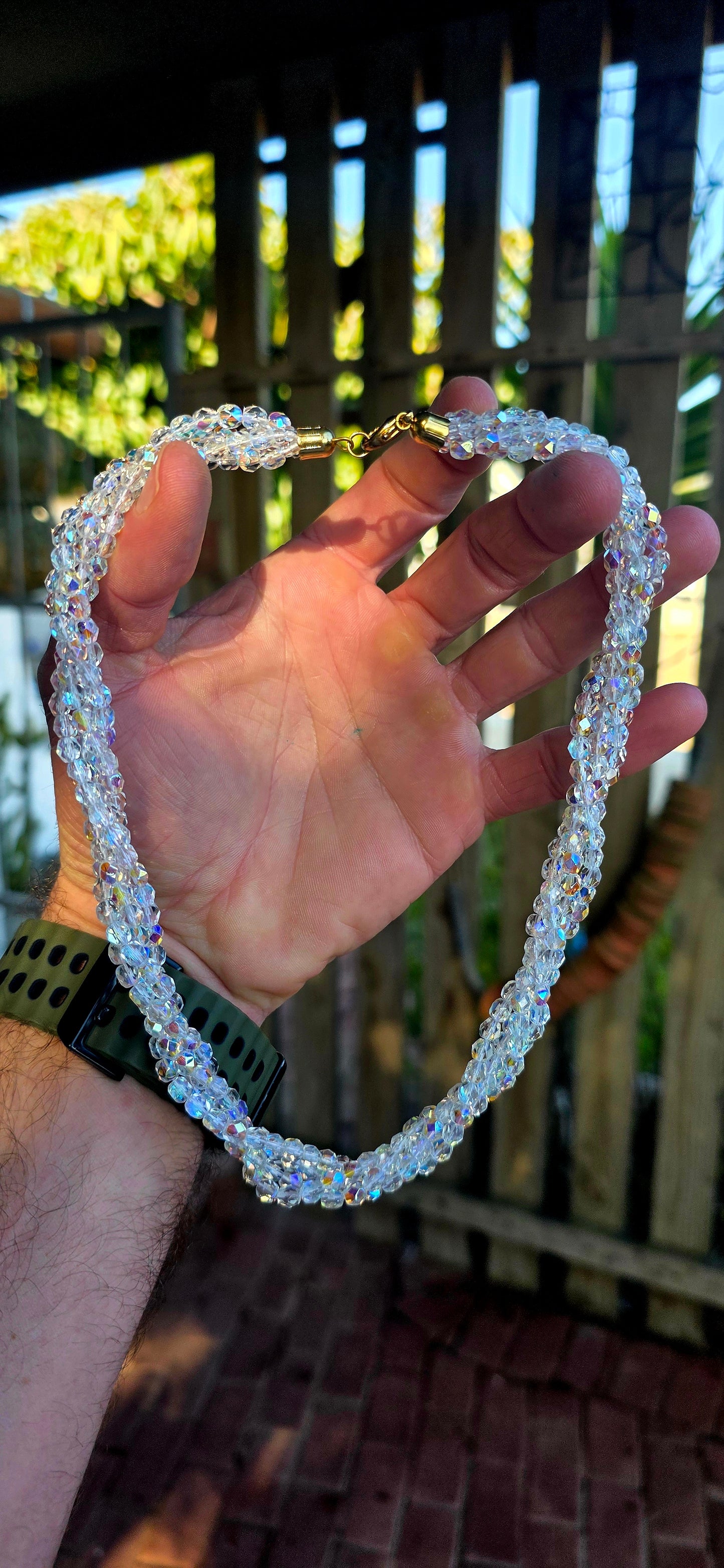 Absolutely mesmerizing vintage circa 1980’s twisted four-strand aurora borealis crystal necklace — and WOW does this beauty know how to catch the light!