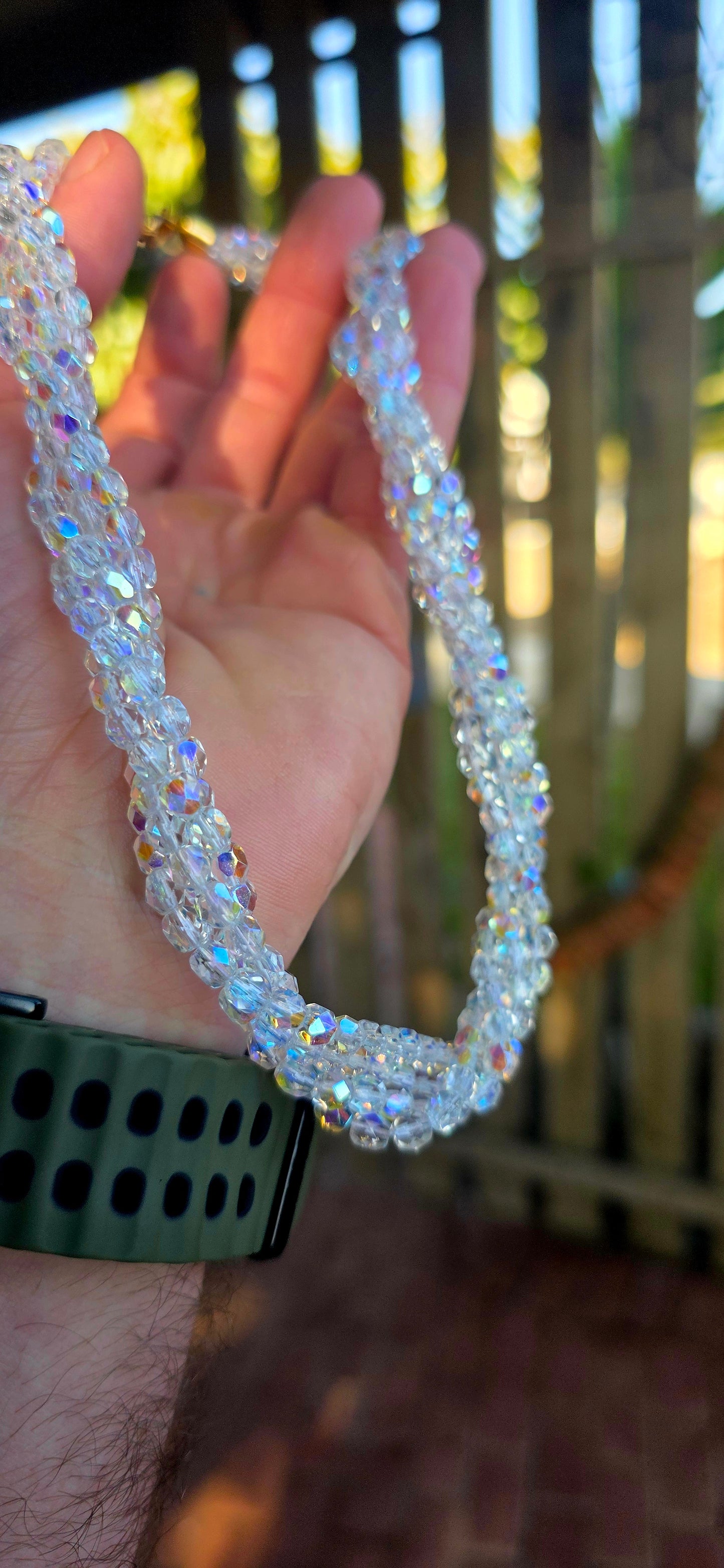 Absolutely mesmerizing vintage circa 1980’s twisted four-strand aurora borealis crystal necklace — and WOW does this beauty know how to catch the light!