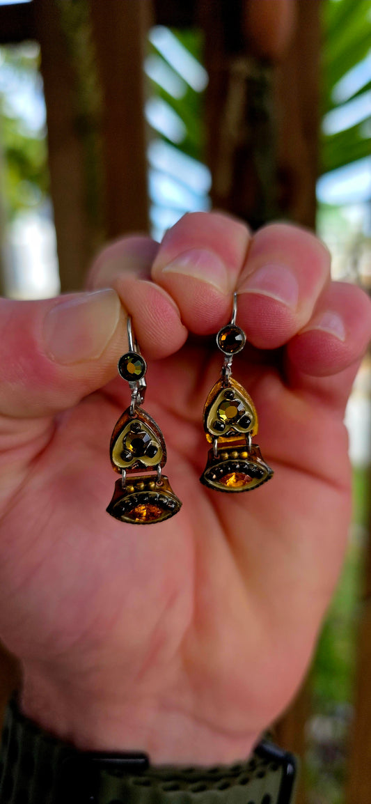 Vintage pair of designer costume earrings by Israeli jewellery designer Adaya, celebrated for her richly detailed handcrafted creations inspired by ancient cultures, spirituality and old-world ornamentation.