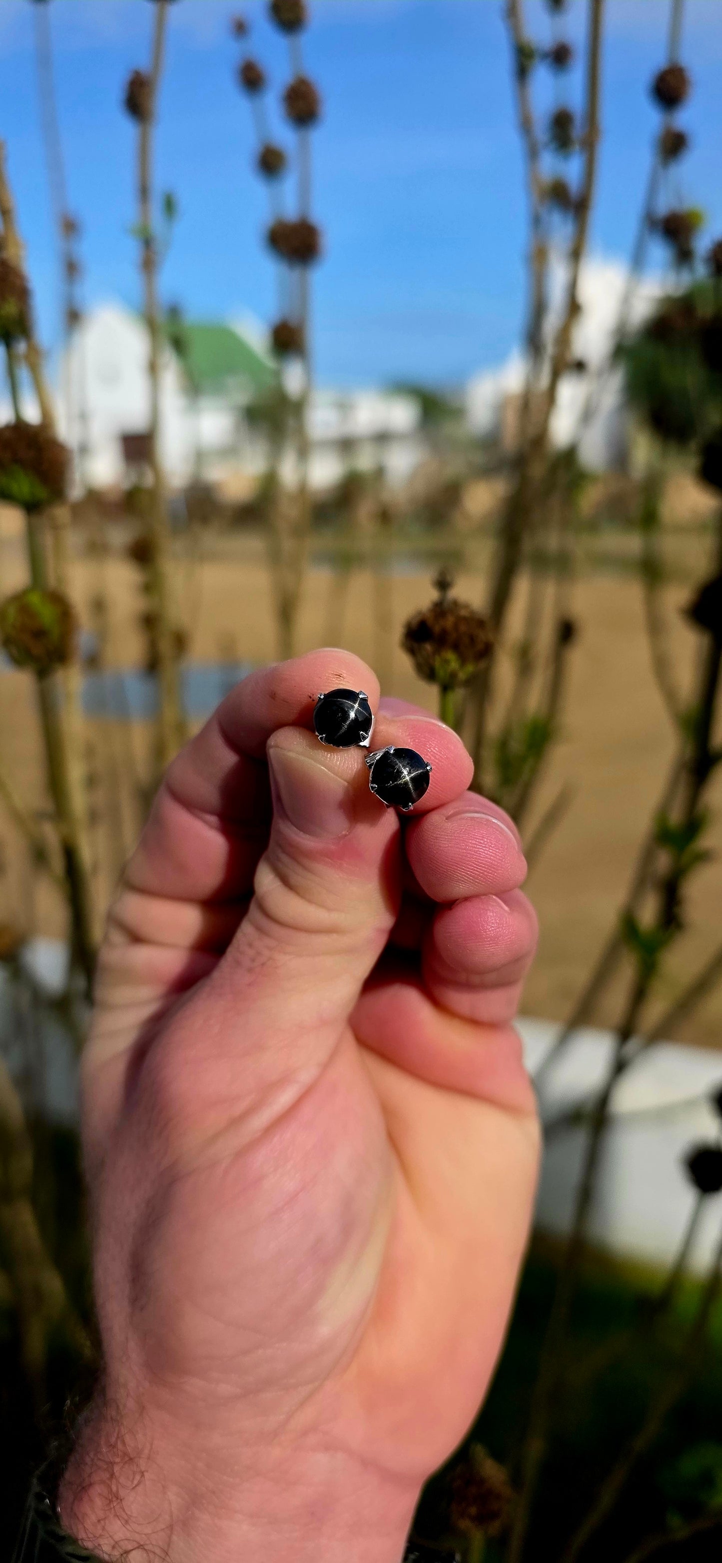 Unisex pair of sterling silver stud earrings with luxurious rhodium plating for a bright tarnish-resistant finish, each prong set with a genuine rare black star diopside cabochon gemstone.