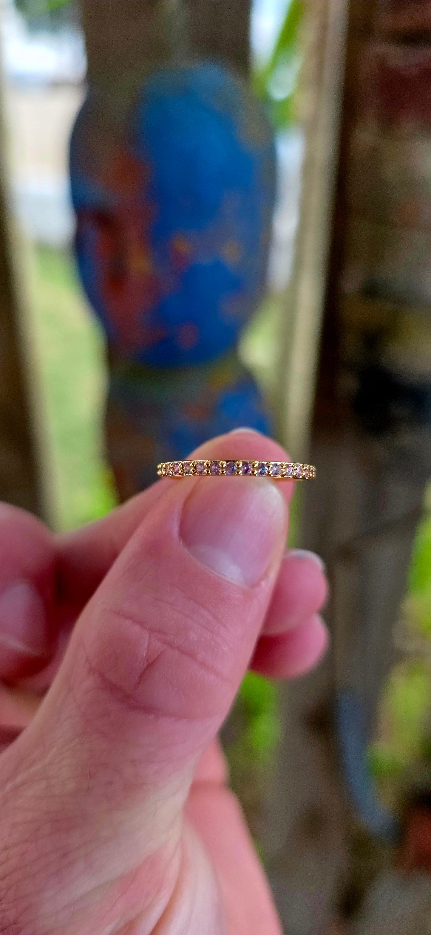 A fine and dainty full eternity stacking band, crafted in solid sterling silver and finished with a rich layer of 18ct yellow gold plating for that warm, timeless glow.