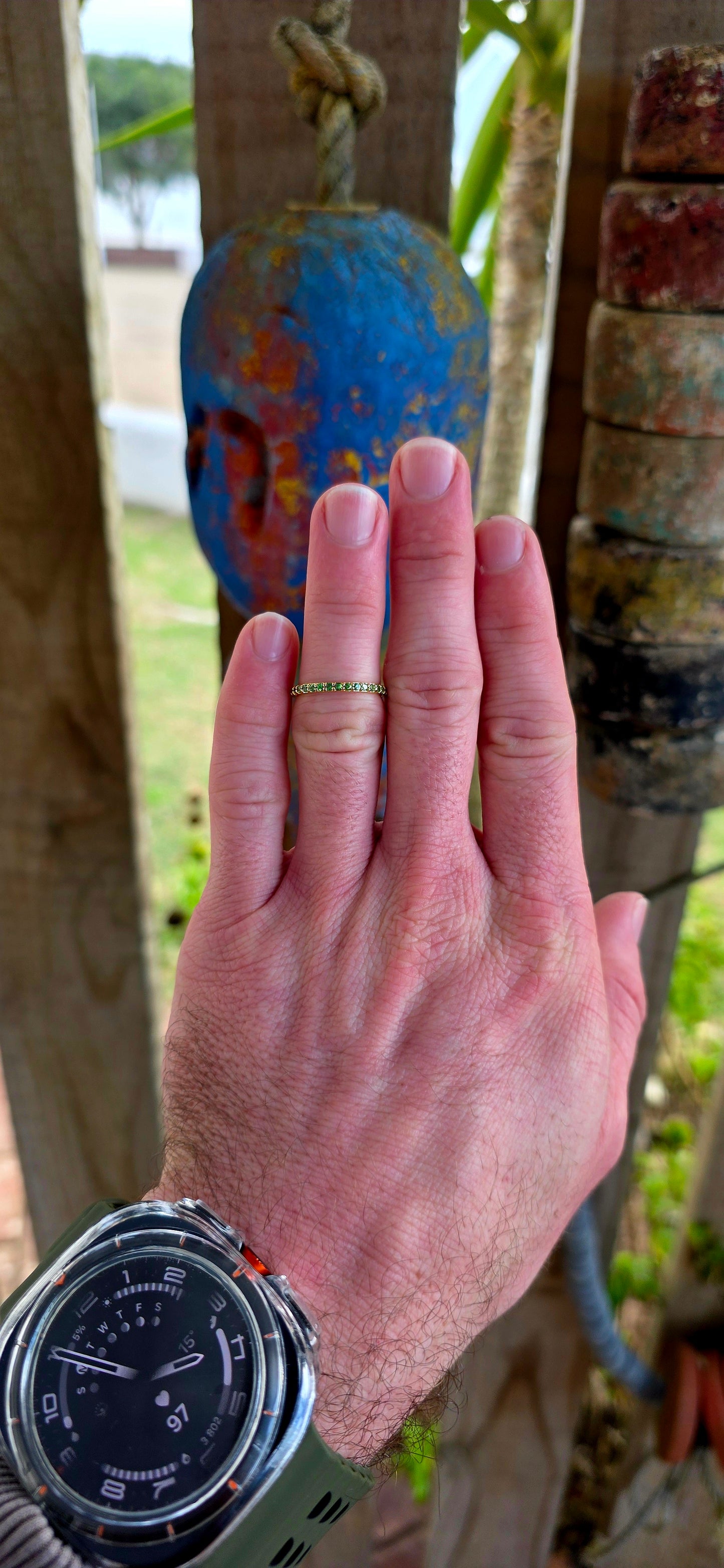 A fine and dainty full eternity stacking band, crafted in solid sterling silver and finished in glowing 18ct yellow gold plating for that rich golden warmth.