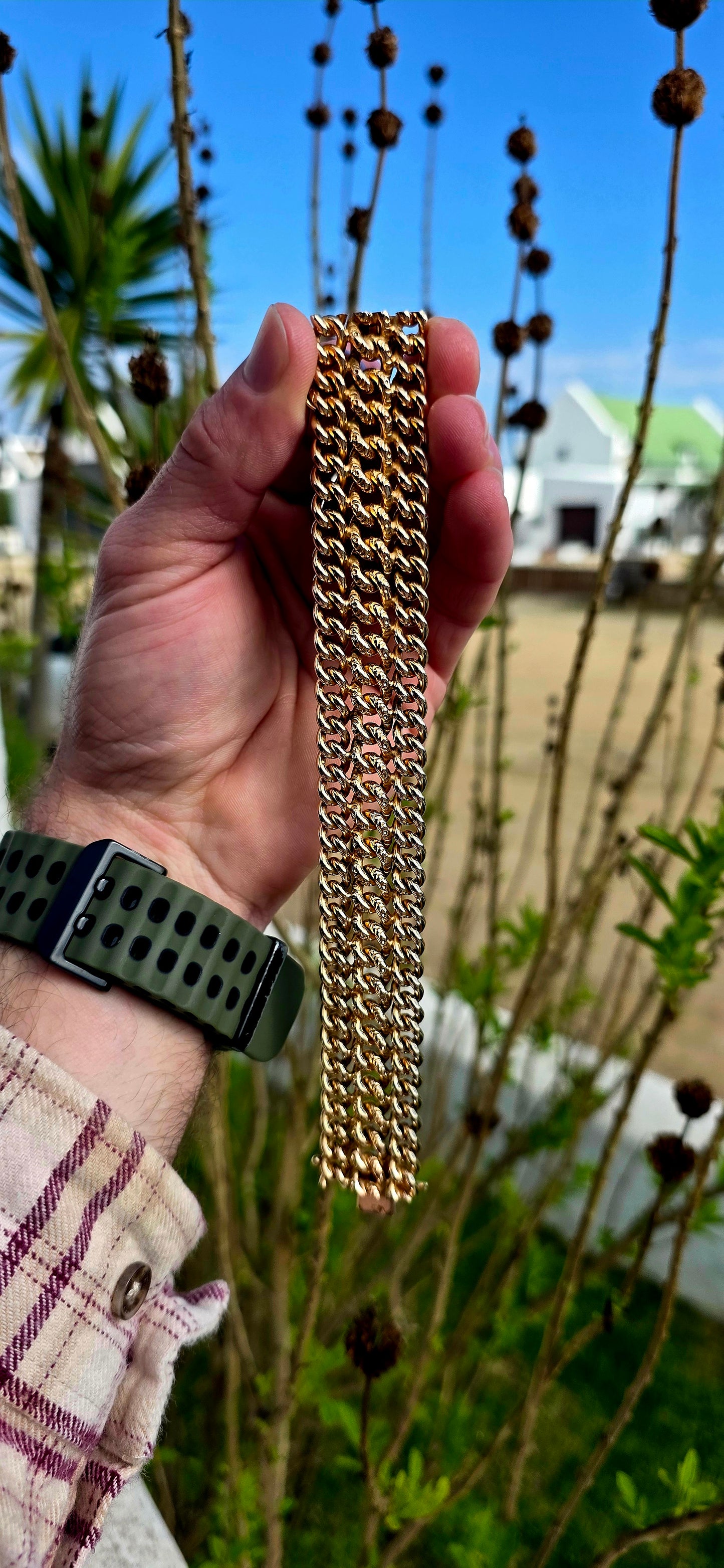 This absolutely magnificent vintage French bracelet is crafted in richly glowing yellow/rosy gold-filled metal and features an incredibly substantial three-row curb link design that drapes beautifully around the wrist.