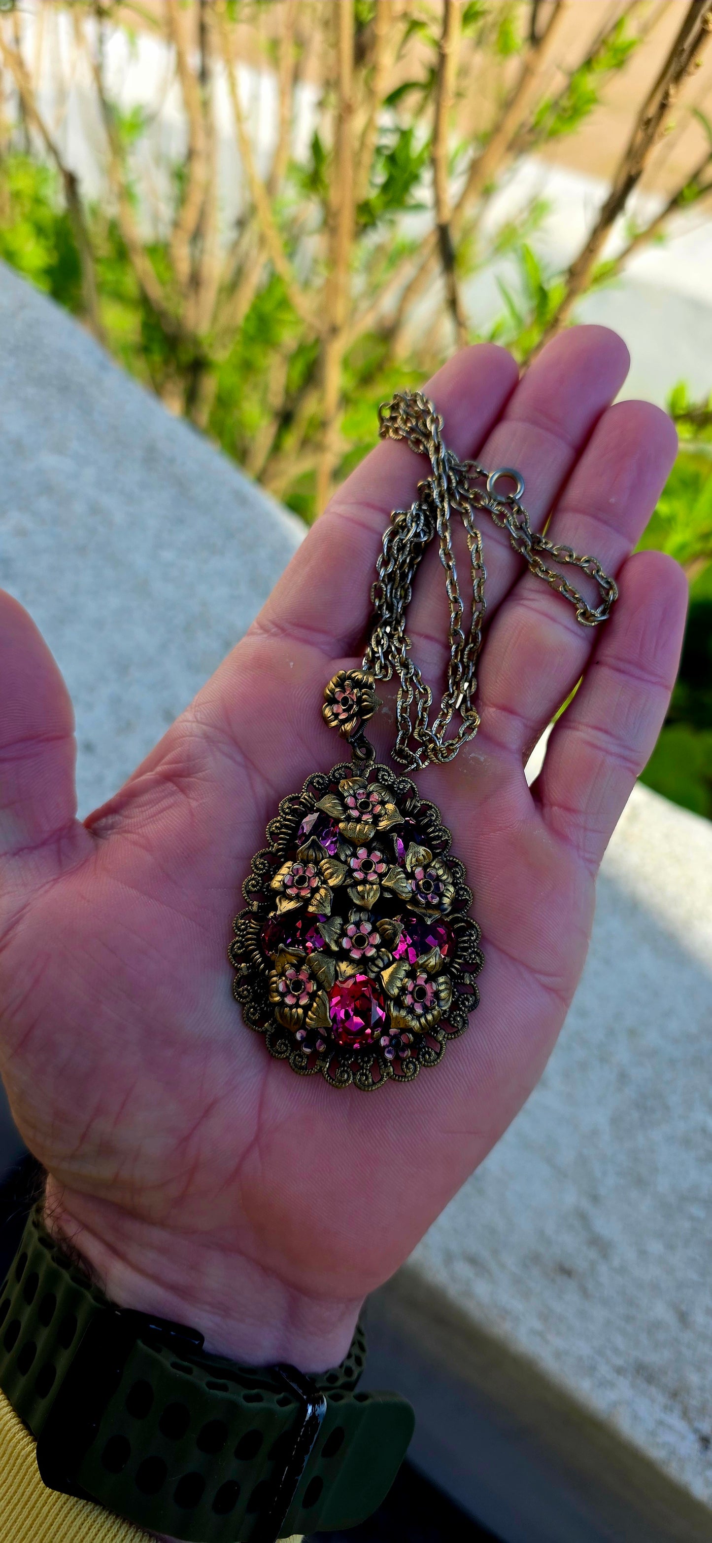 Dating to the glamorous Art Deco era, circa 1930s, this generously sized Czech pendant is a breathtaking celebration of colour, craftsmanship, and old-world romance.