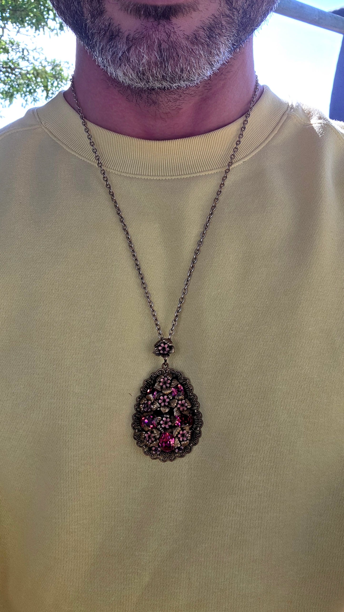 Dating to the glamorous Art Deco era, circa 1930s, this generously sized Czech pendant is a breathtaking celebration of colour, craftsmanship, and old-world romance.