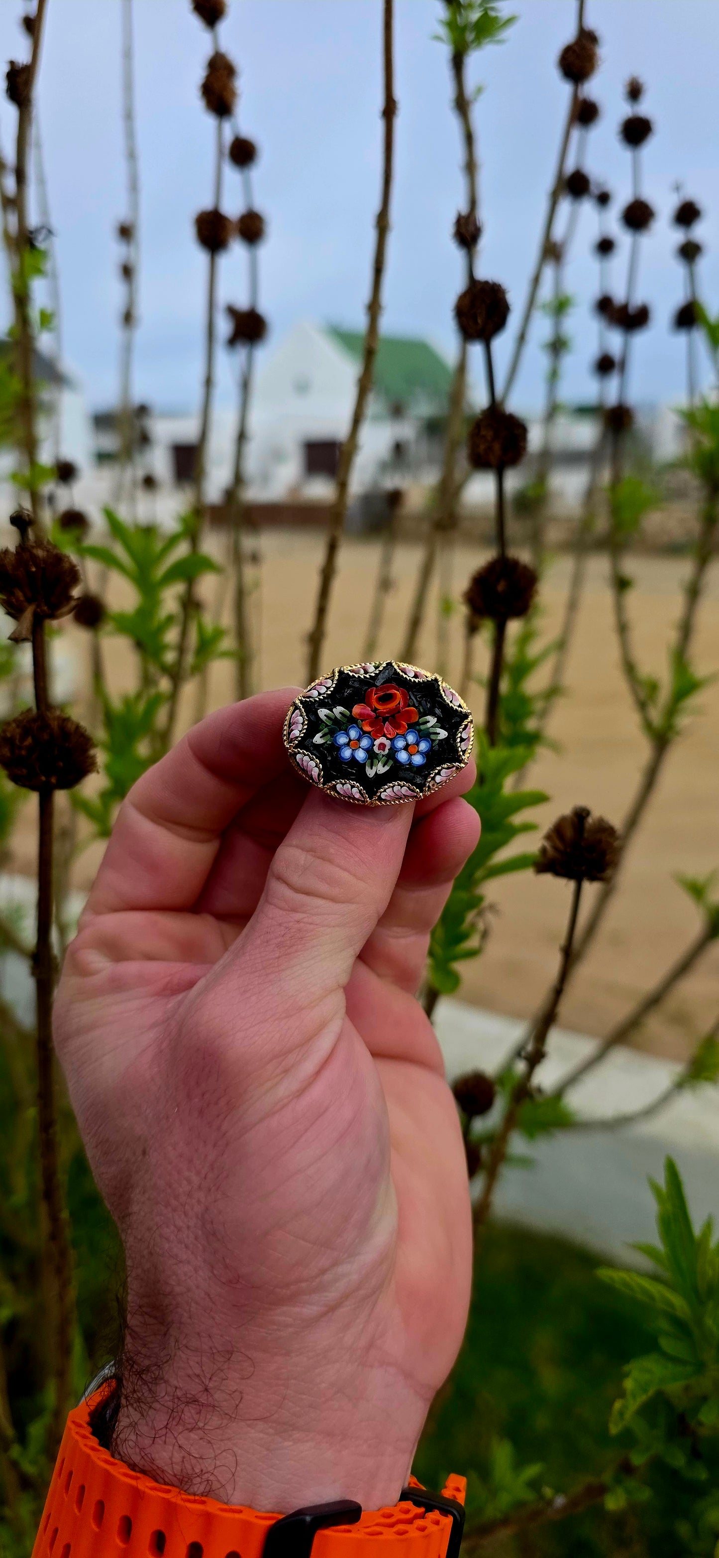 A wonderfully charming vintage jewellery suite dating to the 1970s, featuring a beautifully detailed micro mosaic brooch accompanied by its original matching clip-on earrings.