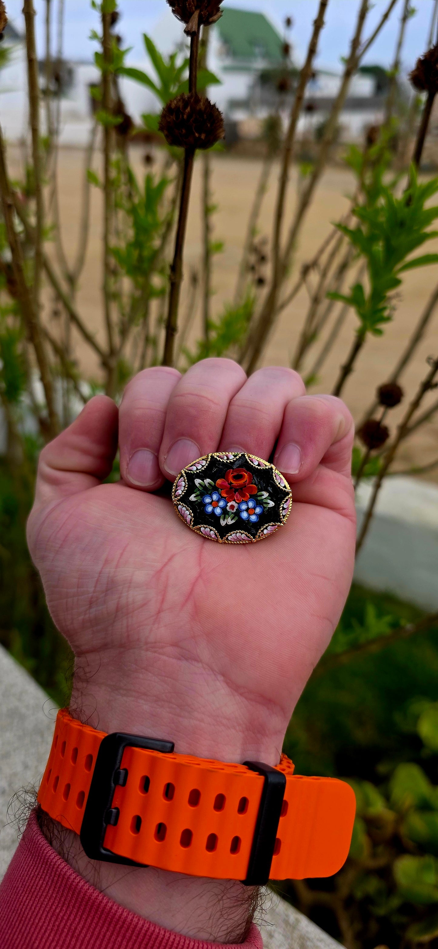 A wonderfully charming vintage jewellery suite dating to the 1970s, featuring a beautifully detailed micro mosaic brooch accompanied by its original matching clip-on earrings.