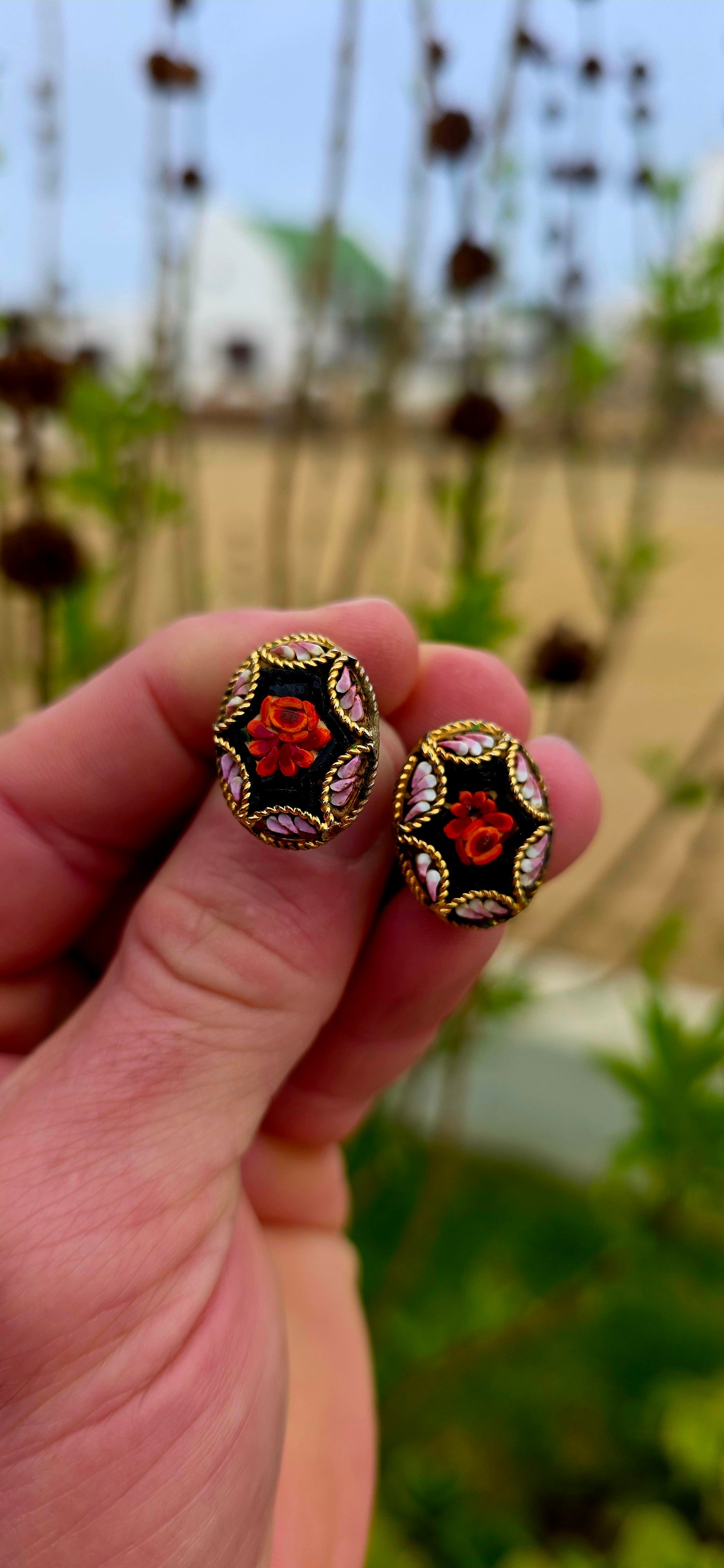 A wonderfully charming vintage jewellery suite dating to the 1970s, featuring a beautifully detailed micro mosaic brooch accompanied by its original matching clip-on earrings.