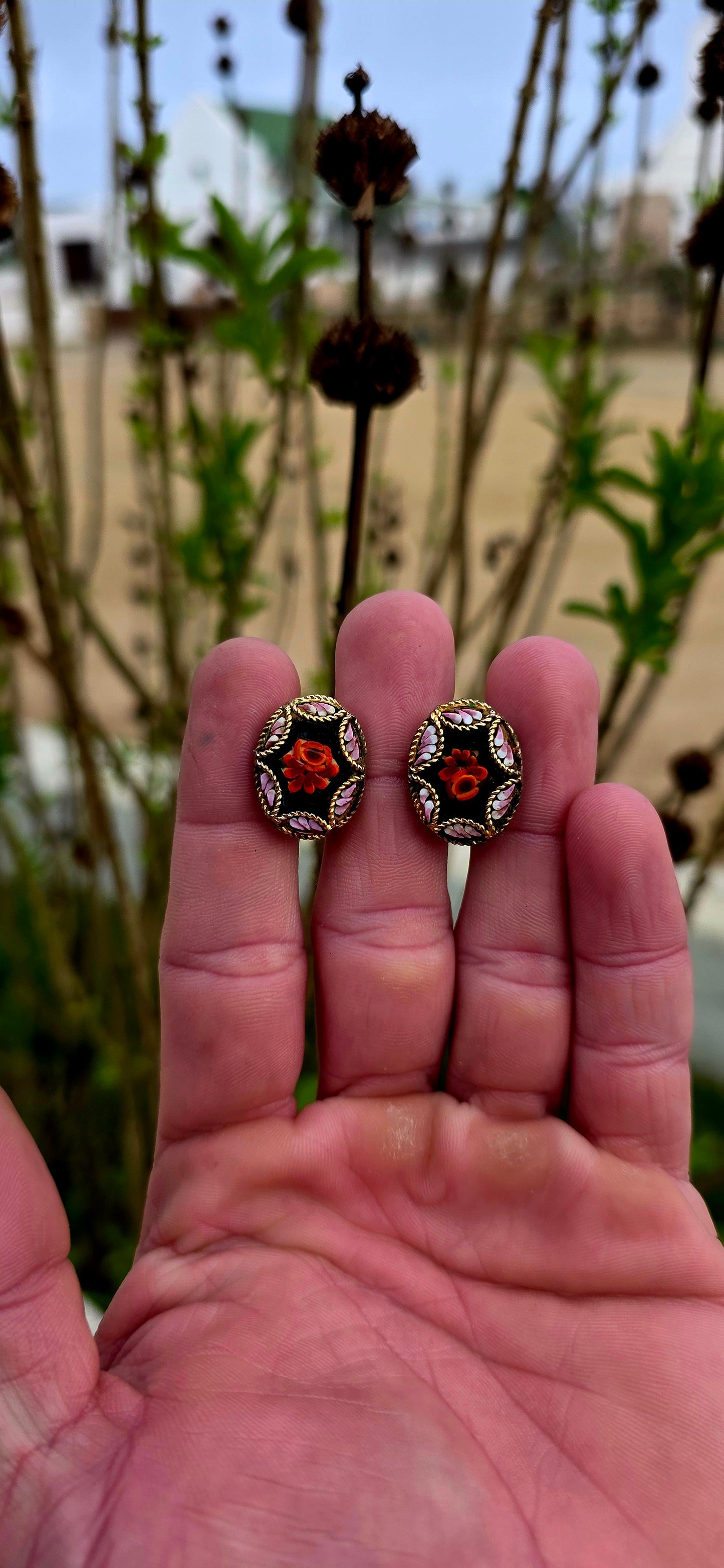 A wonderfully charming vintage jewellery suite dating to the 1970s, featuring a beautifully detailed micro mosaic brooch accompanied by its original matching clip-on earrings.