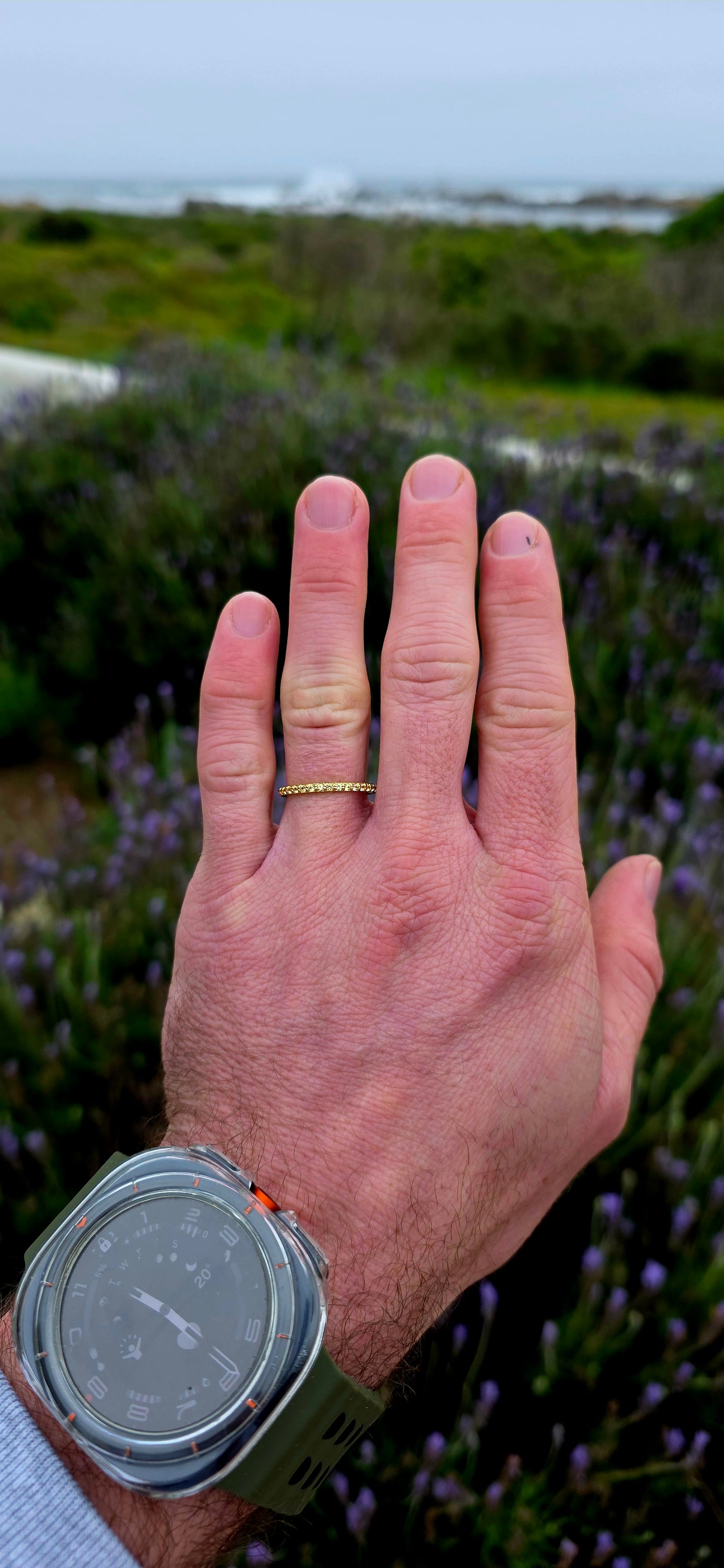 A fine and dainty full eternity stacking band, crafted in solid sterling silver and finished with a rich layer of 18ct yellow gold plating for that warm, sun-kissed glow.