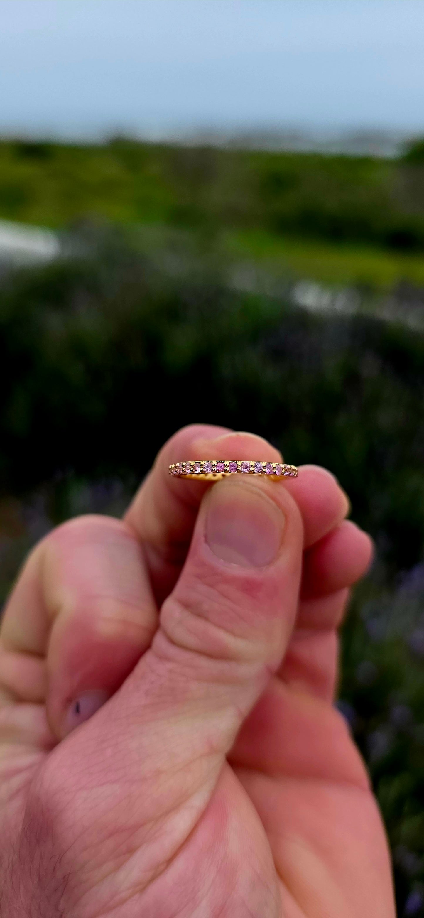 A fine and dainty full eternity stacking band, crafted in solid sterling silver and finished with a rich layer of 18ct yellow gold plating for that warm, timeless glow.