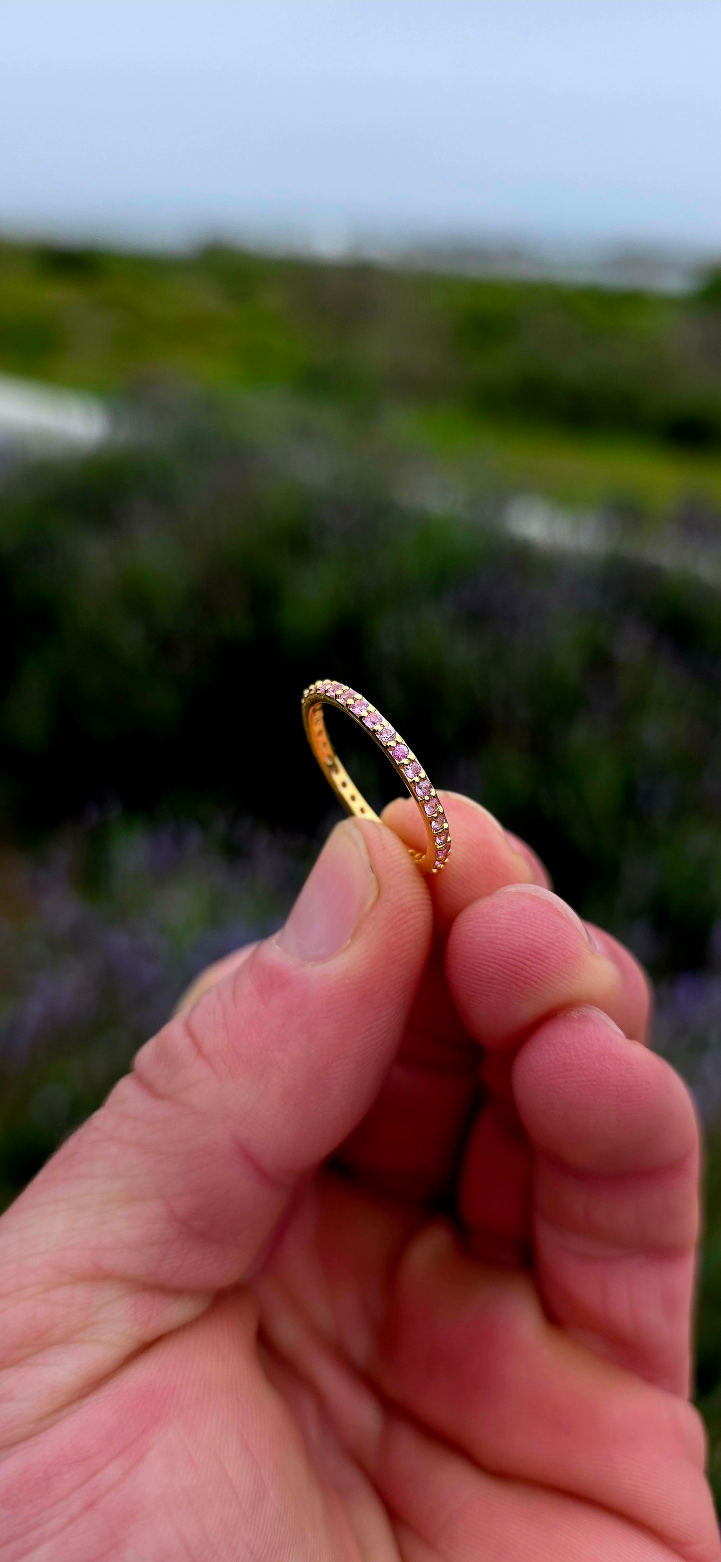 A fine and dainty full eternity stacking band, crafted in solid sterling silver and finished with a rich layer of 18ct yellow gold plating for that warm, timeless glow.