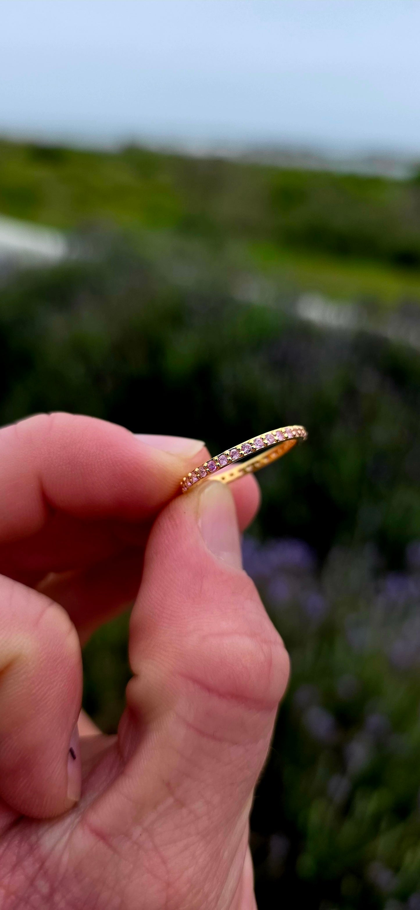 A fine and dainty full eternity stacking band, crafted in solid sterling silver and finished with a rich layer of 18ct yellow gold plating for that warm, timeless glow.