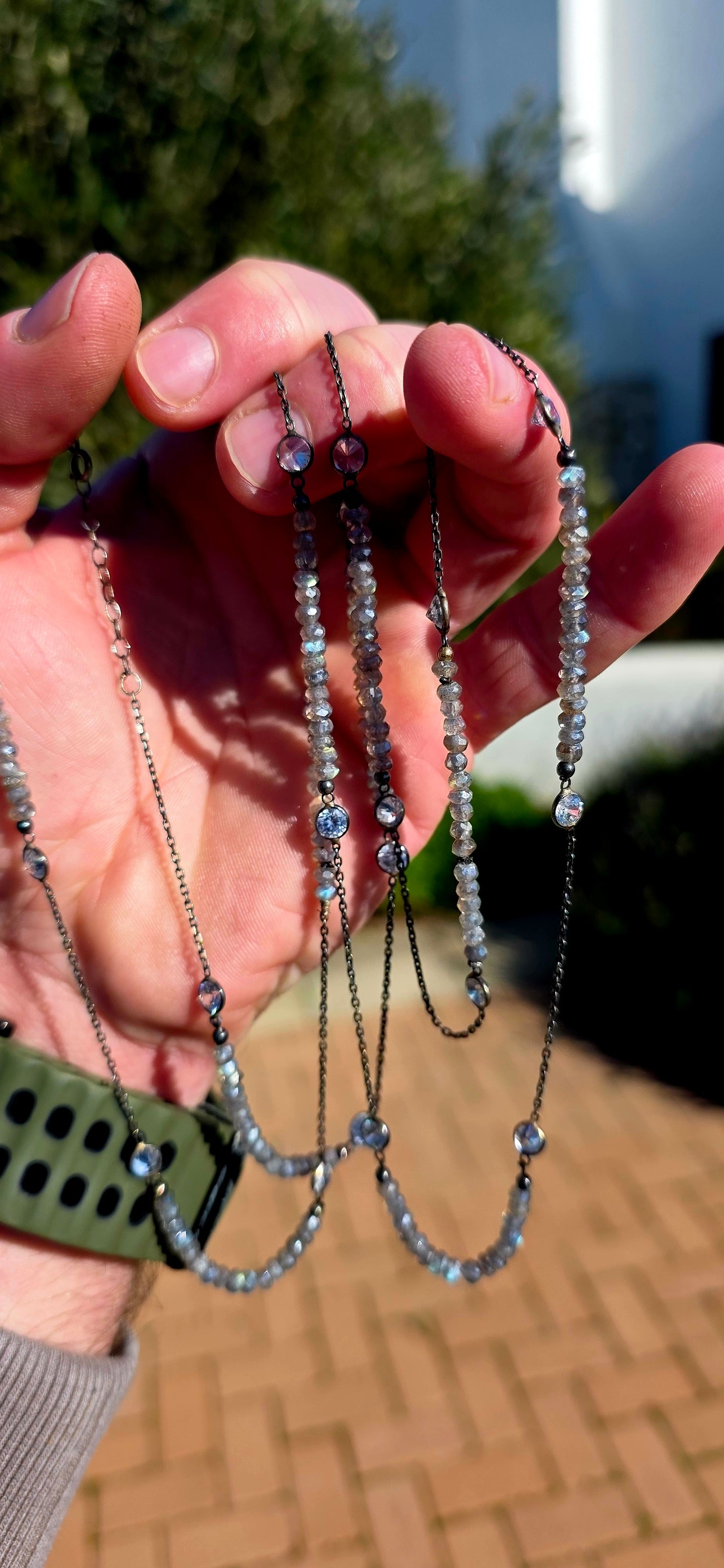 Elegant, understated and sophisticated... this extra-long handcrafted necklace is one of those pieces that sparkles with every movement while allowing the natural beauty of the gemstones to take centre stage.
