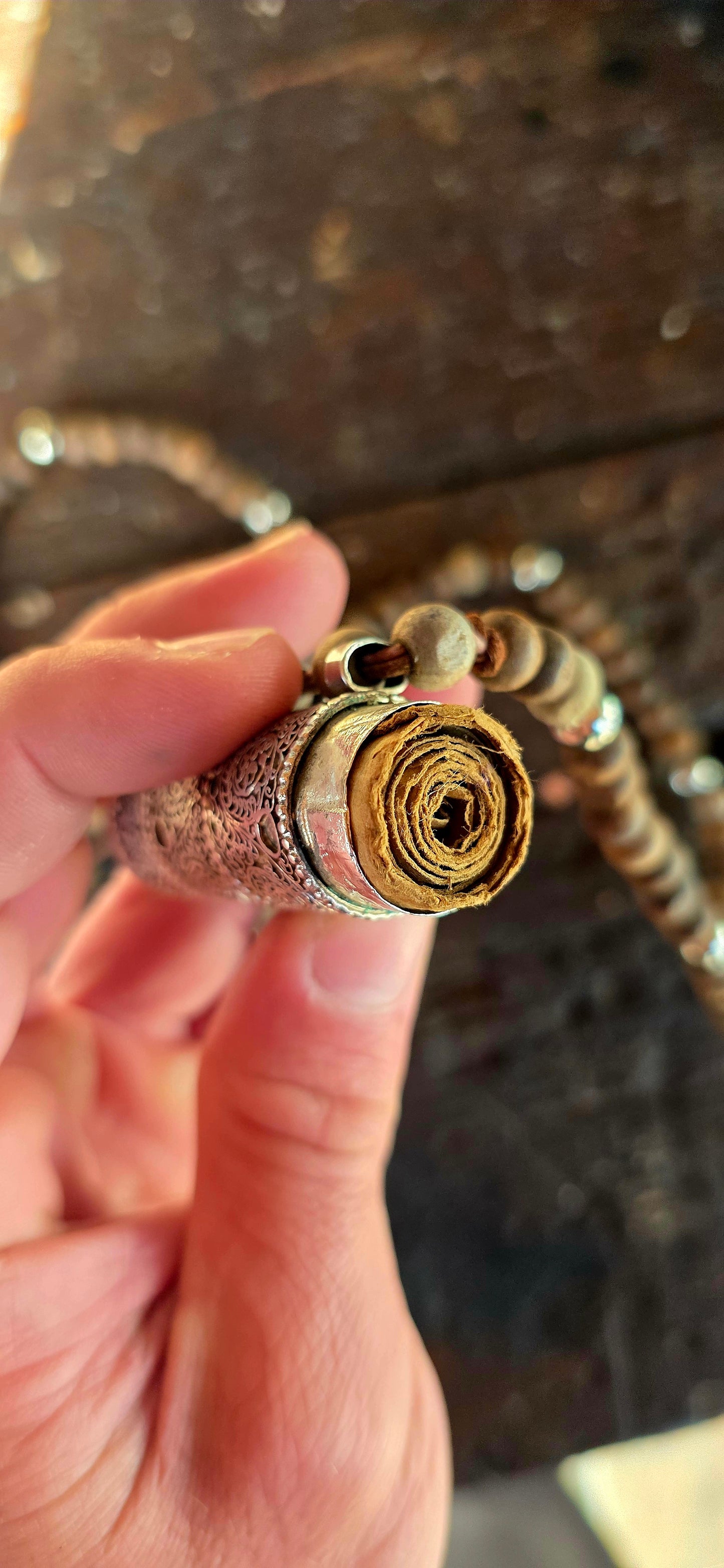 A beautiful Tibetan/Himalayan Buddhist mala-style necklace centred by an ornate sterling silver Ga'u (Ghau) prayer-box amulet.