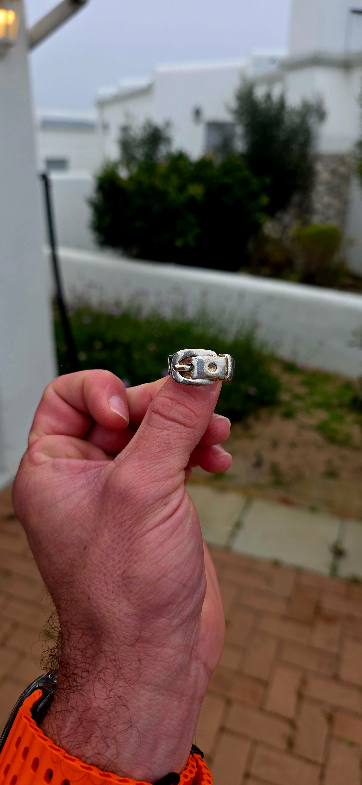 Such a fabulous chunky one! A vintage unisex costume ring, crafted in silver-plated metal and designed as a wonderfully bold Victorian Revival belt & buckle ring.
