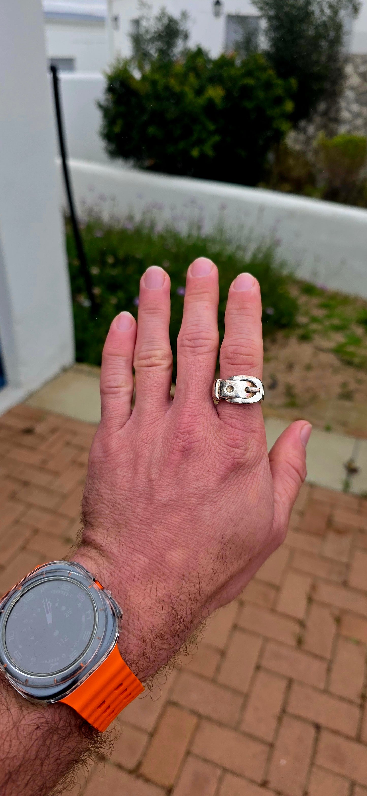 Such a fabulous chunky one! A vintage unisex costume ring, crafted in silver-plated metal and designed as a wonderfully bold Victorian Revival belt & buckle ring.