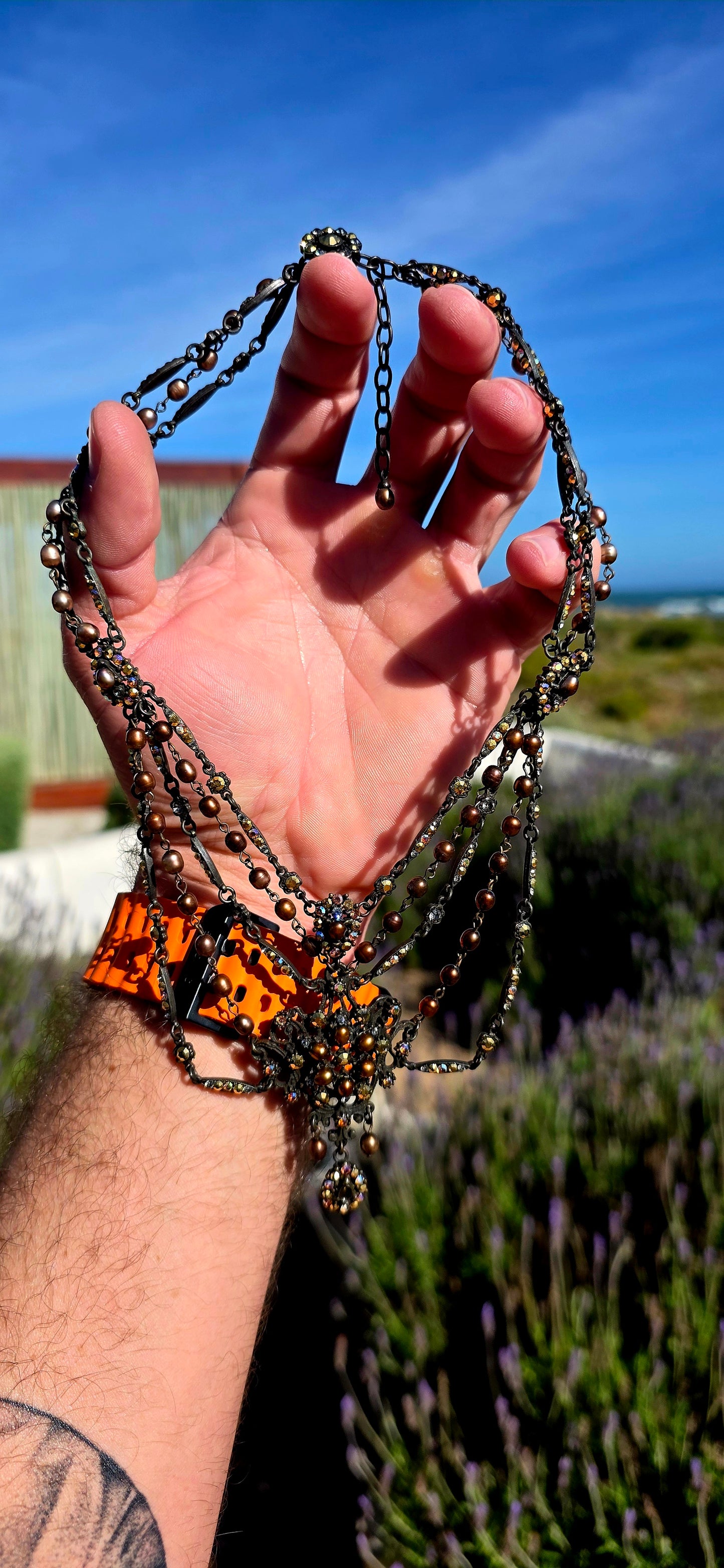 This necklace is pure theatre, drama and old-world romance wrapped into one spectacular statement jewel! Although a costume piece, the level of detail and craftsmanship is fabulous — this is jewellery designed to be noticed.
