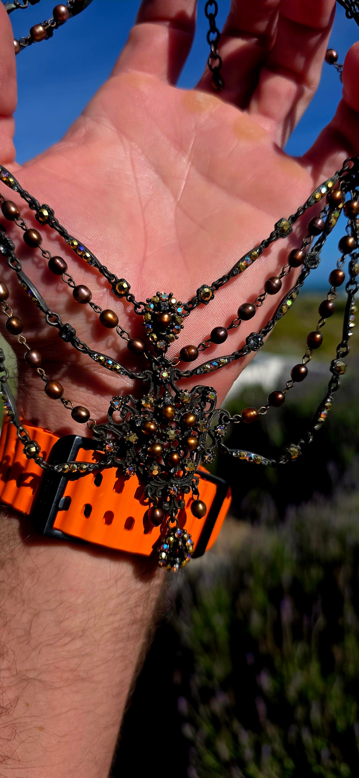 This necklace is pure theatre, drama and old-world romance wrapped into one spectacular statement jewel! Although a costume piece, the level of detail and craftsmanship is fabulous — this is jewellery designed to be noticed.