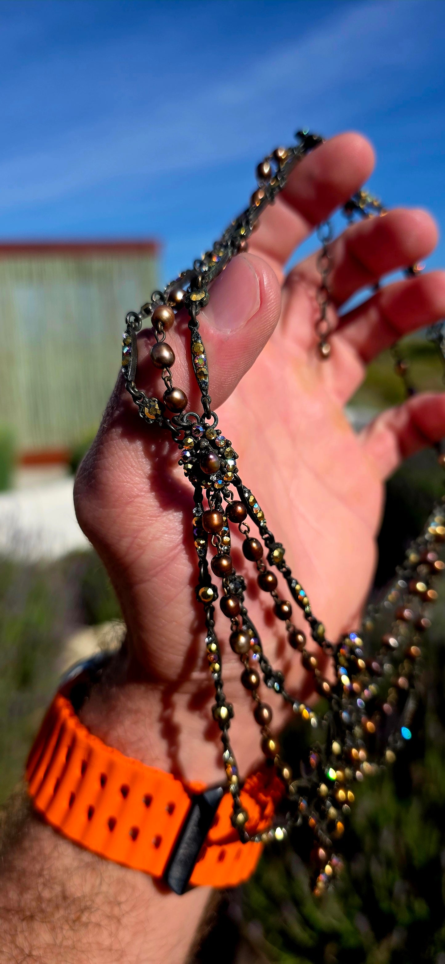 This necklace is pure theatre, drama and old-world romance wrapped into one spectacular statement jewel! Although a costume piece, the level of detail and craftsmanship is fabulous — this is jewellery designed to be noticed.