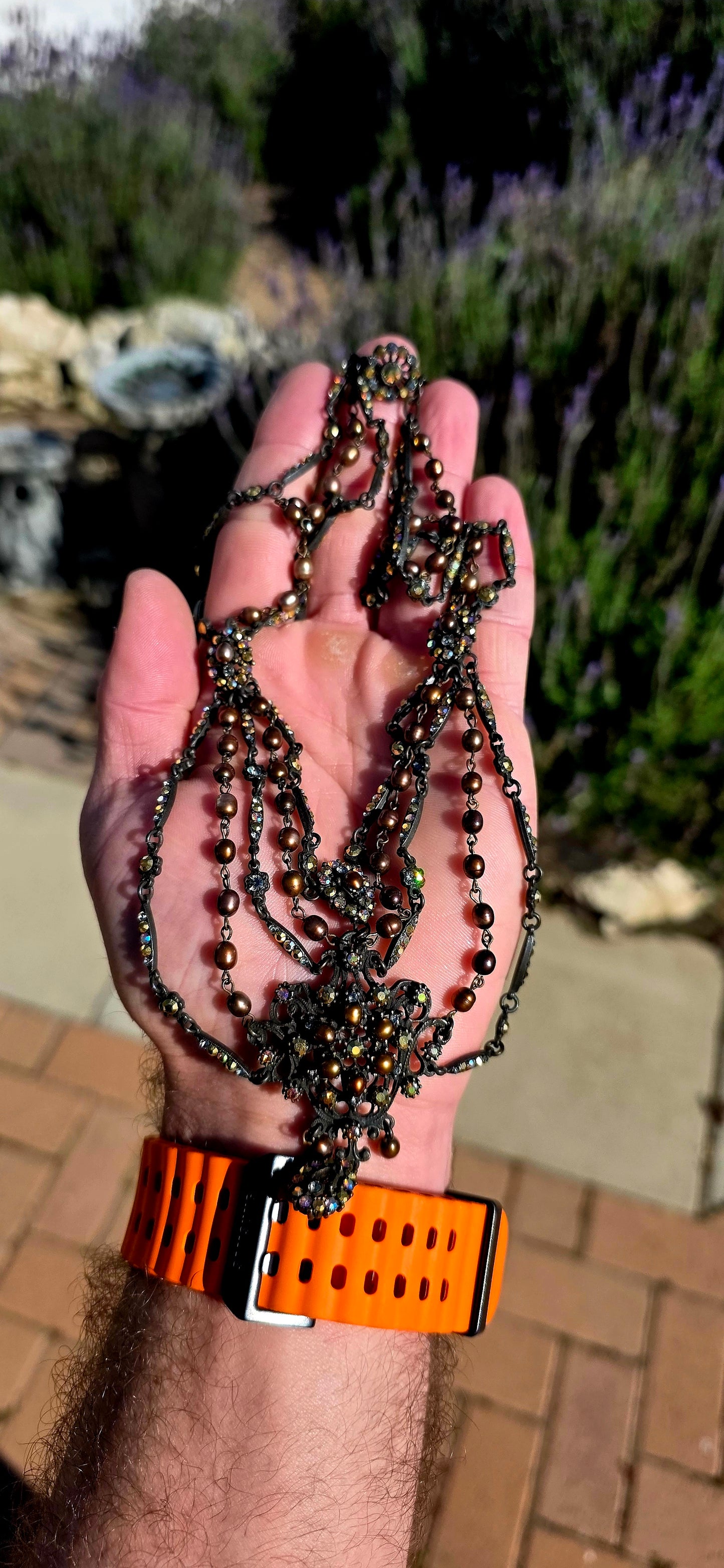 This necklace is pure theatre, drama and old-world romance wrapped into one spectacular statement jewel! Although a costume piece, the level of detail and craftsmanship is fabulous — this is jewellery designed to be noticed.