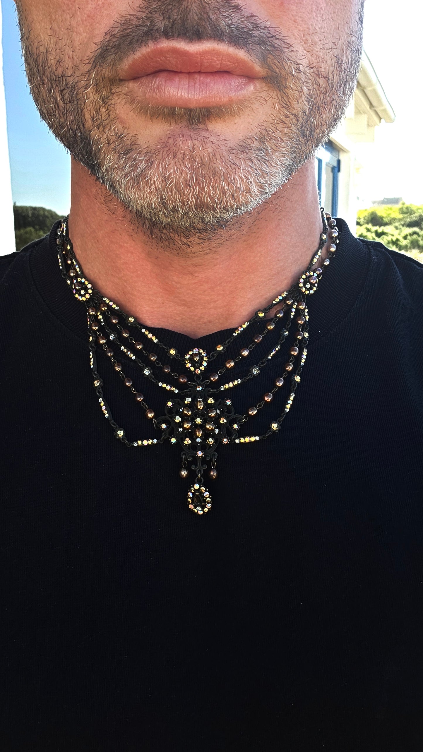 This necklace is pure theatre, drama and old-world romance wrapped into one spectacular statement jewel! Although a costume piece, the level of detail and craftsmanship is fabulous — this is jewellery designed to be noticed.