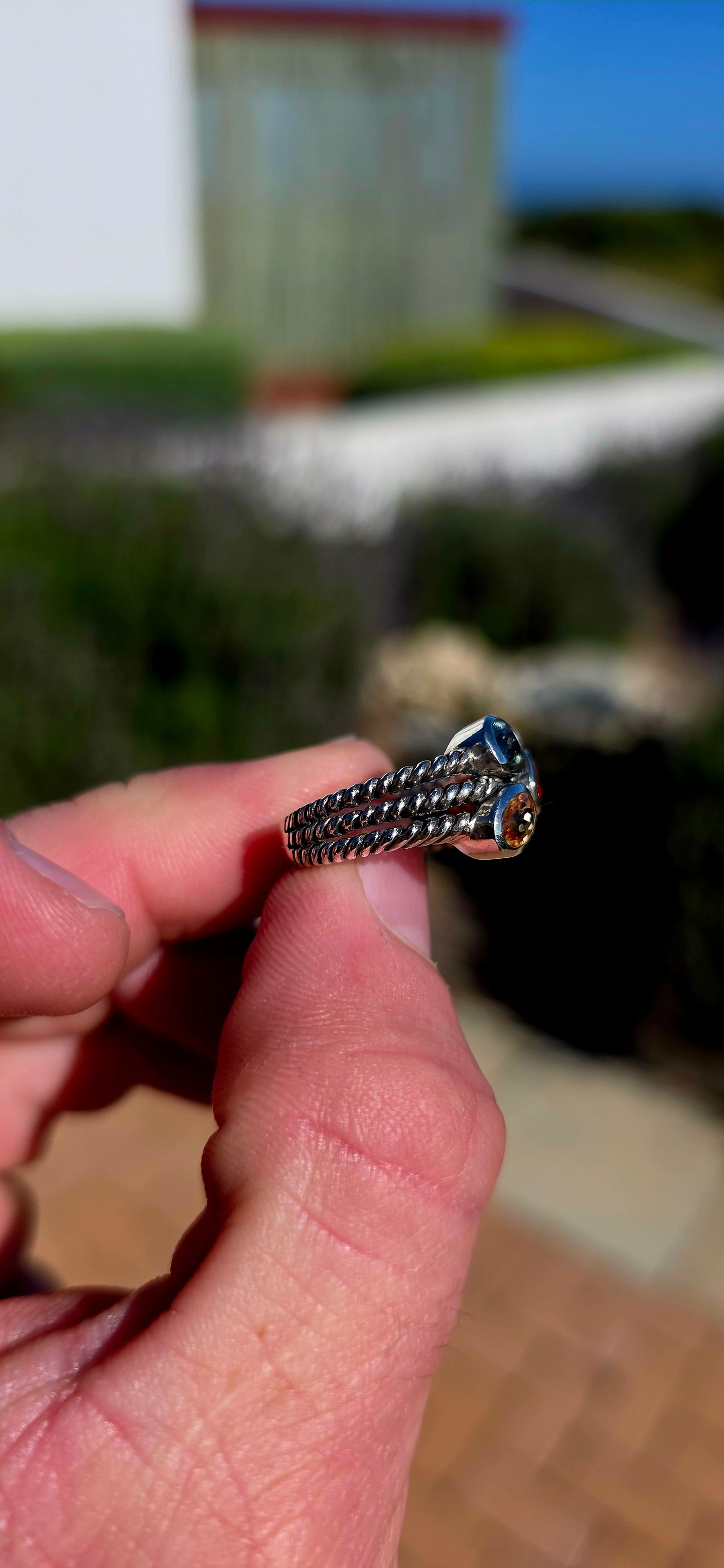 Such a cool and wonderfully arty little ring! Crafted in solid sterling silver, this unusual design gives the illusion of three individual rope-style bands stacked together, creating fabulous texture and a slightly rustic, artisan feel.