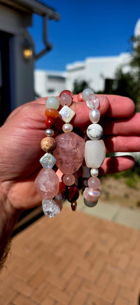 Such a pretty combination! A fabulous collection of chunky gemstone stretch bracelets in the dreamiest palette of soft blush pinks, creamy whites and warm earthy tones.