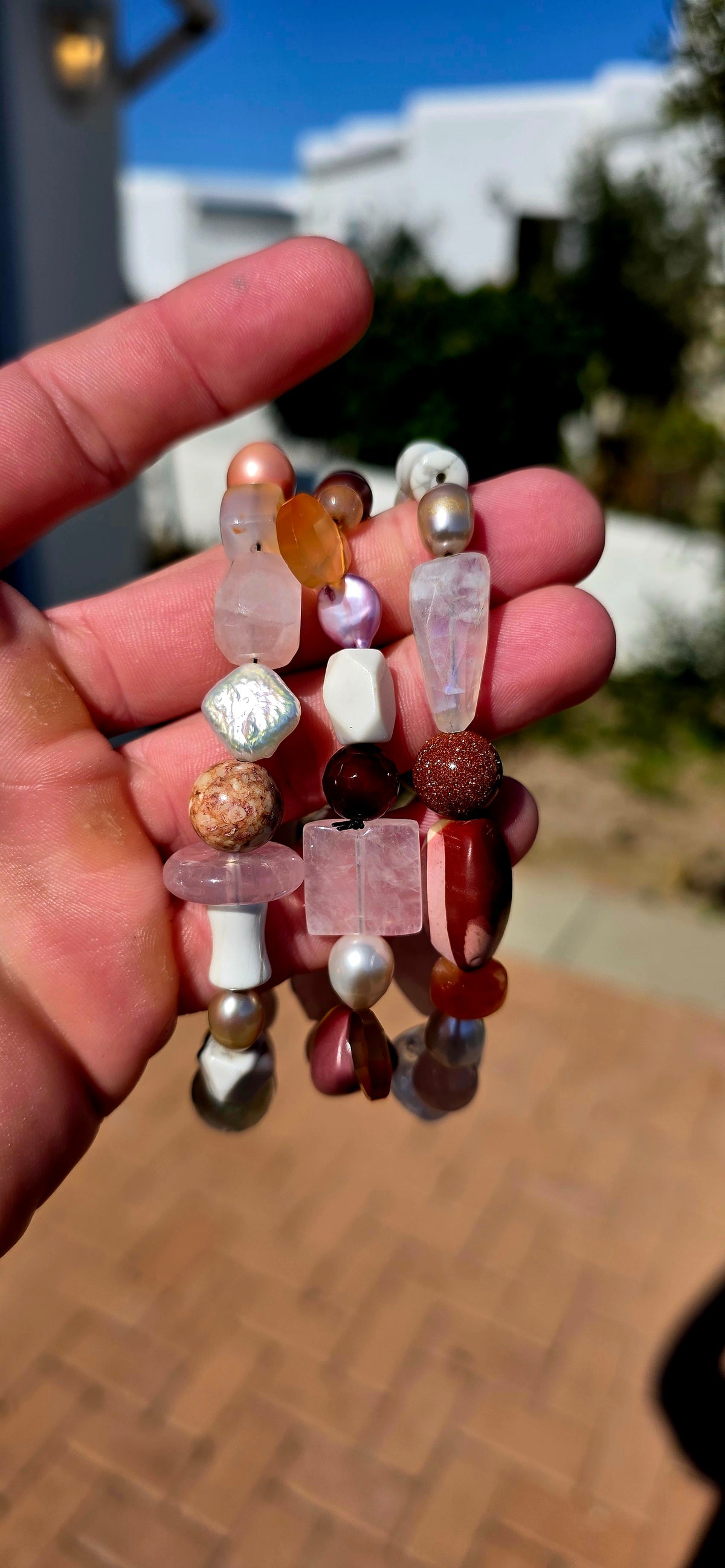 Such a pretty combination! A fabulous collection of chunky gemstone stretch bracelets in the dreamiest palette of soft blush pinks, creamy whites and warm earthy tones.