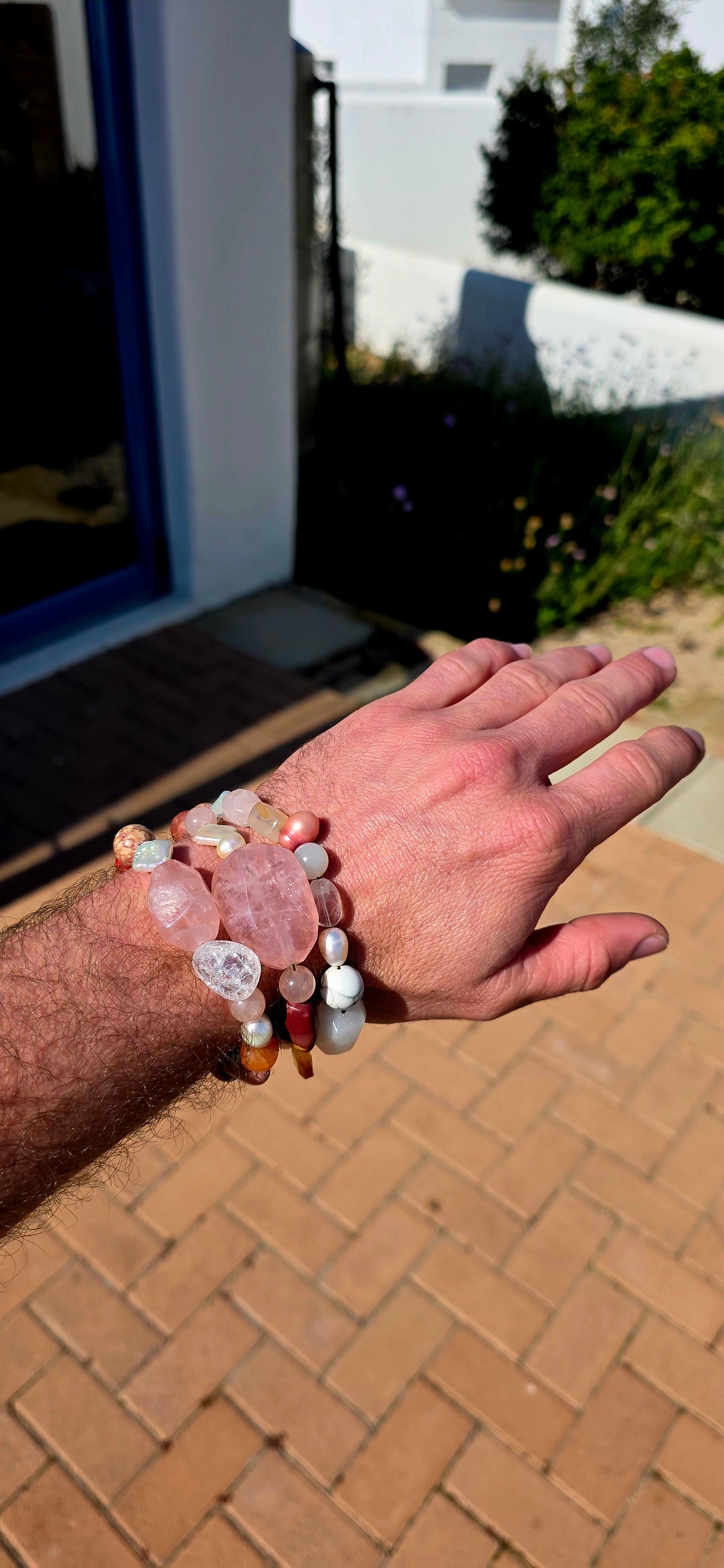 Such a pretty combination! A fabulous collection of chunky gemstone stretch bracelets in the dreamiest palette of soft blush pinks, creamy whites and warm earthy tones.
