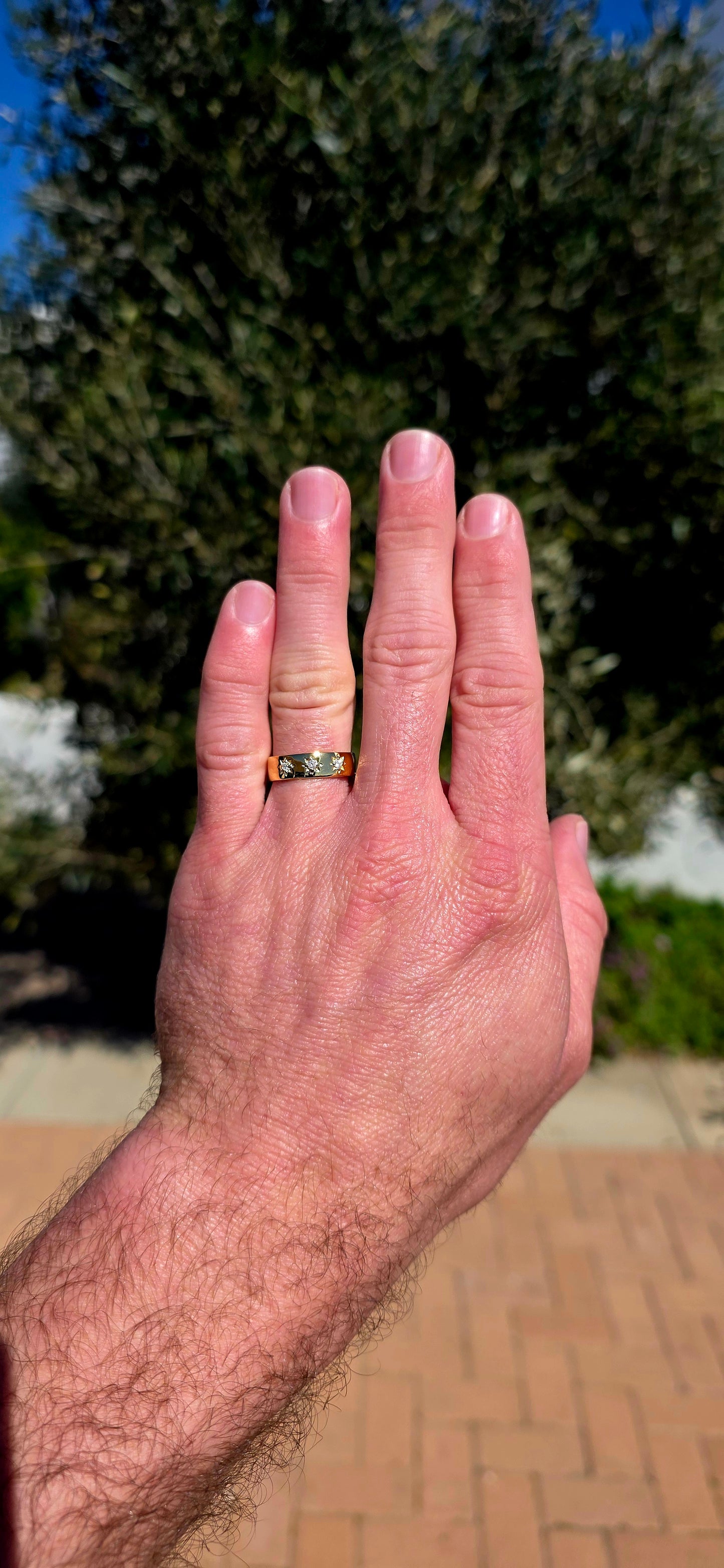 This striking unisex Victorian-revival gypsy ring is crafted in solid sterling silver and finished in a rich, buttery layer of 18ct yellow gold plating, giving the band a glowing, antique-gold warmth that feels both classic and enduring.