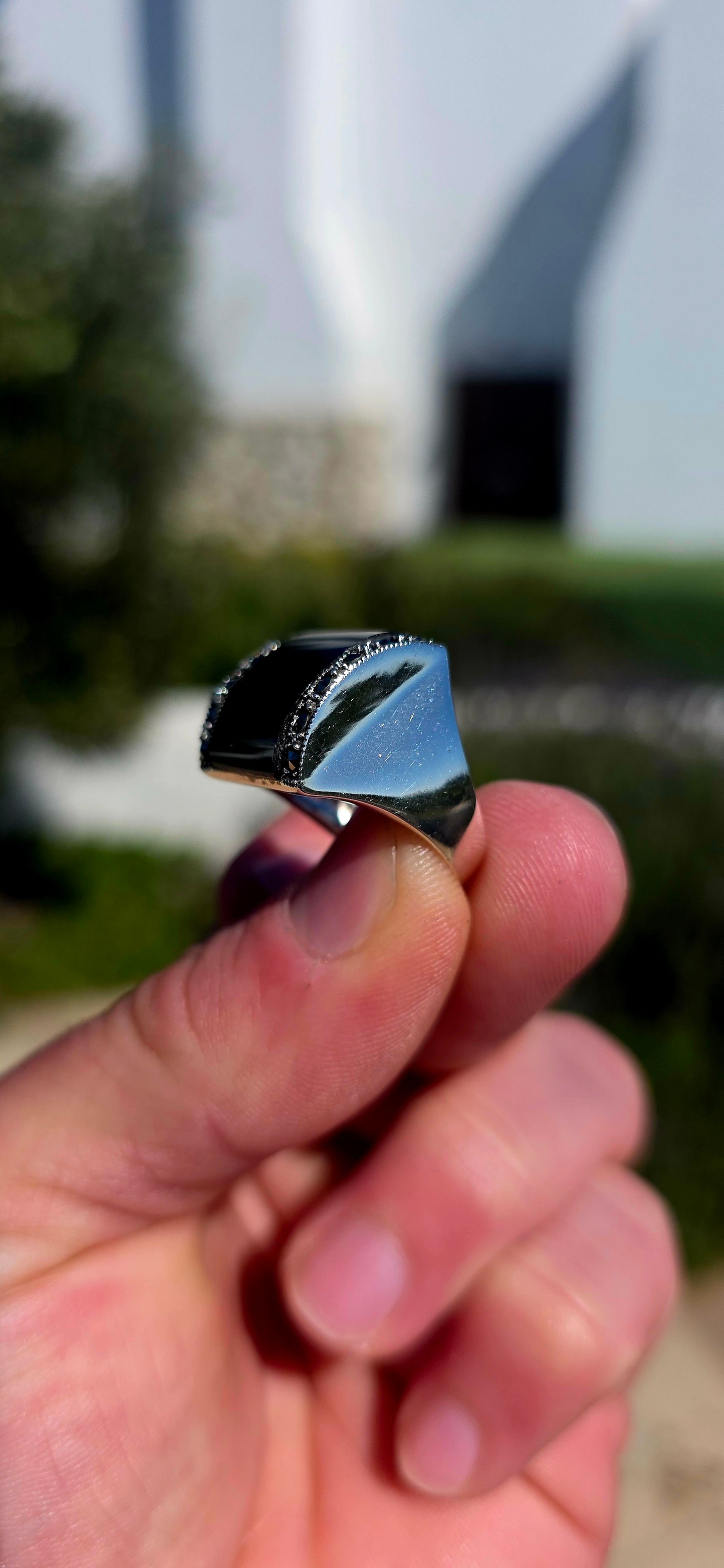 Bold, sleek and wonderfully dramatic! This chunky Art Deco Revival cocktail ring is crafted in solid sterling silver with a strong architectural silhouette inspired by the glamorous jewellery of the 1920s and 1930s.