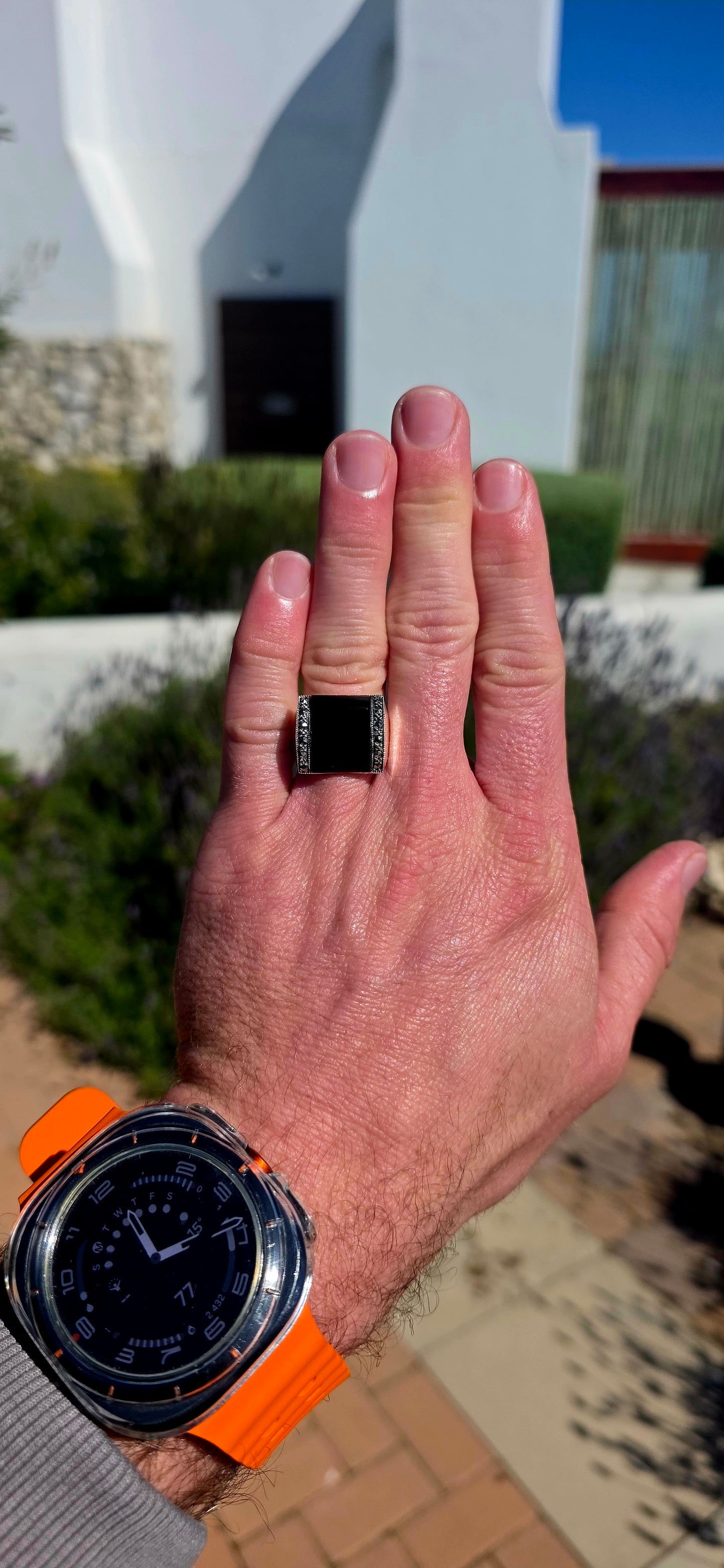 Bold, sleek and wonderfully dramatic! This chunky Art Deco Revival cocktail ring is crafted in solid sterling silver with a strong architectural silhouette inspired by the glamorous jewellery of the 1920s and 1930s.
