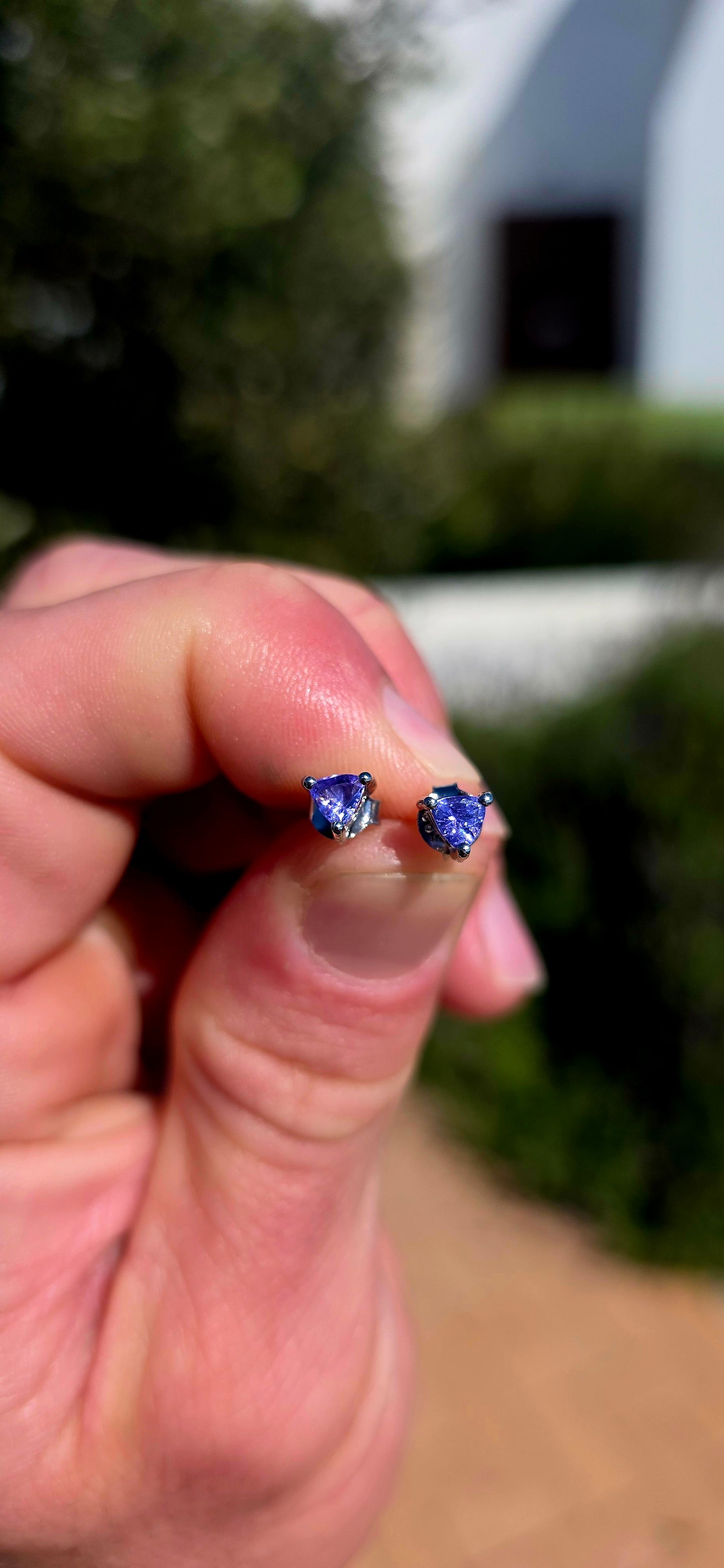 Small but seriously striking! These gorgeous sterling silver stud earrings each feature a sparkling natural tanzanite, beautifully faceted into a modern trillion cut and securely held in a classic three-prong setting.