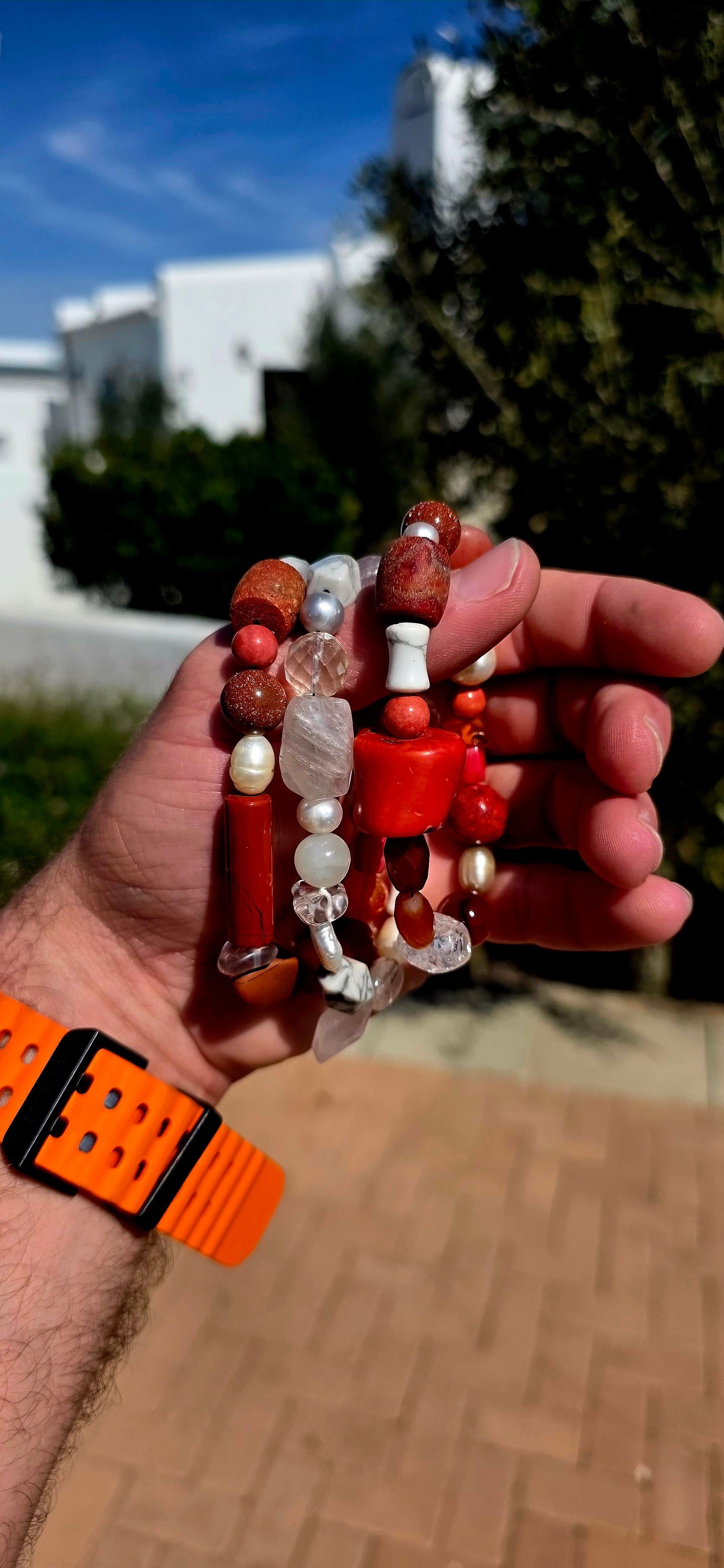 A fabulous trio of chunky gemstone stretch bracelets celebrating that glorious combination of fiery reds and crisp whites!
