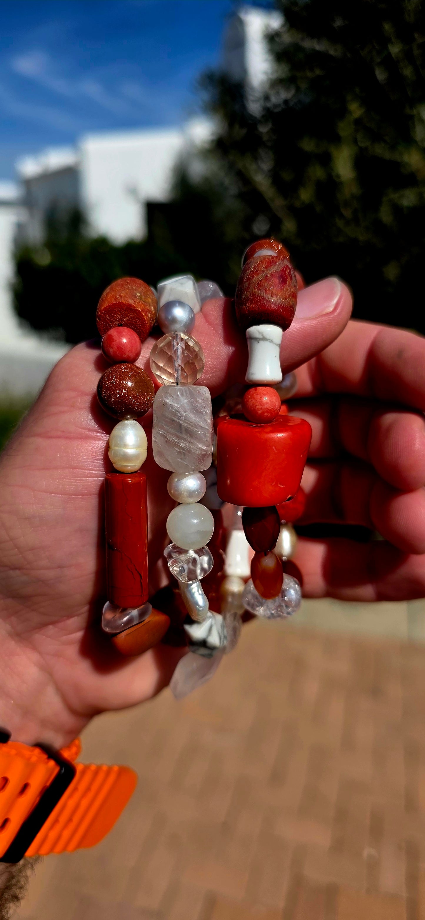 A fabulous trio of chunky gemstone stretch bracelets celebrating that glorious combination of fiery reds and crisp whites!
